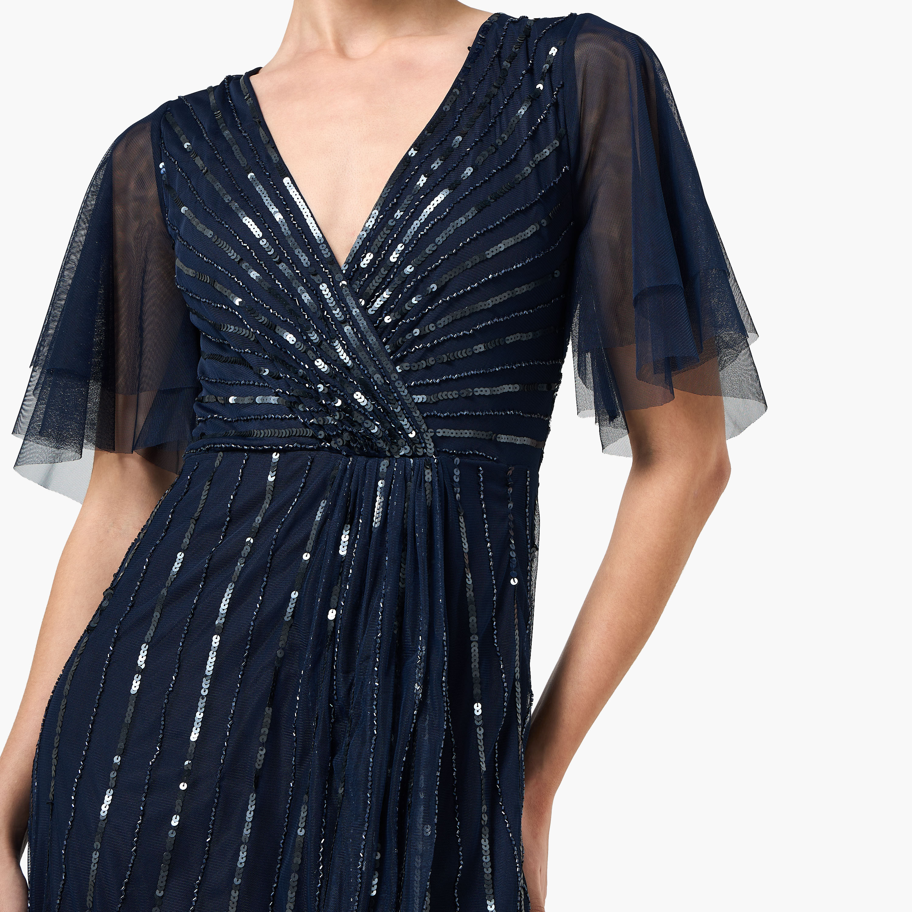 Amelia Rose Sequined Sheer Surplice Neck Flutter Sleeves Fit & Flared Women's Evening Maxi Dress-women-clothing-dresses-image-7