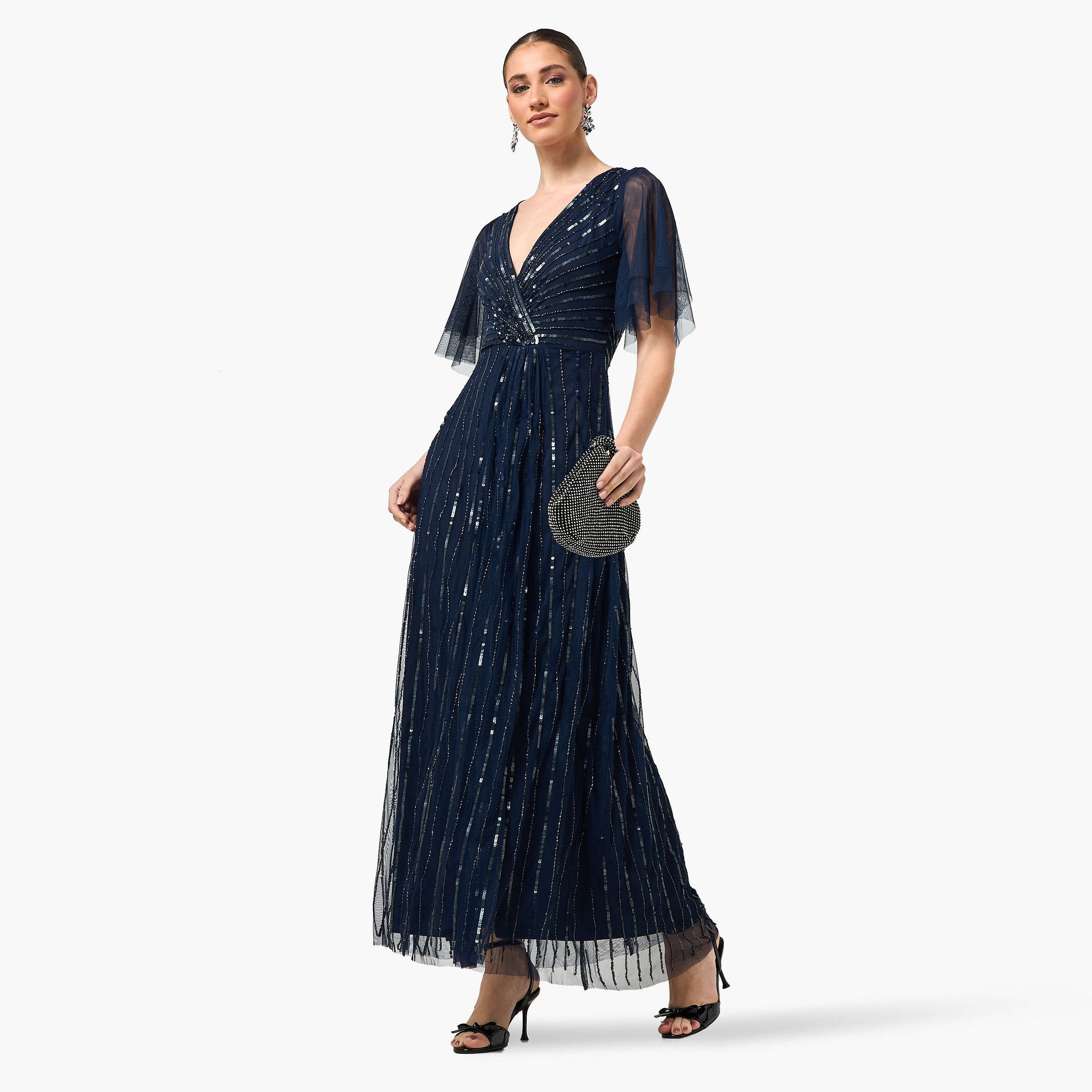 Amelia Rose Sequined Sheer Surplice Neck Flutter Sleeves Fit & Flared Women's Evening Maxi Dress-women-clothing-dresses-image-8