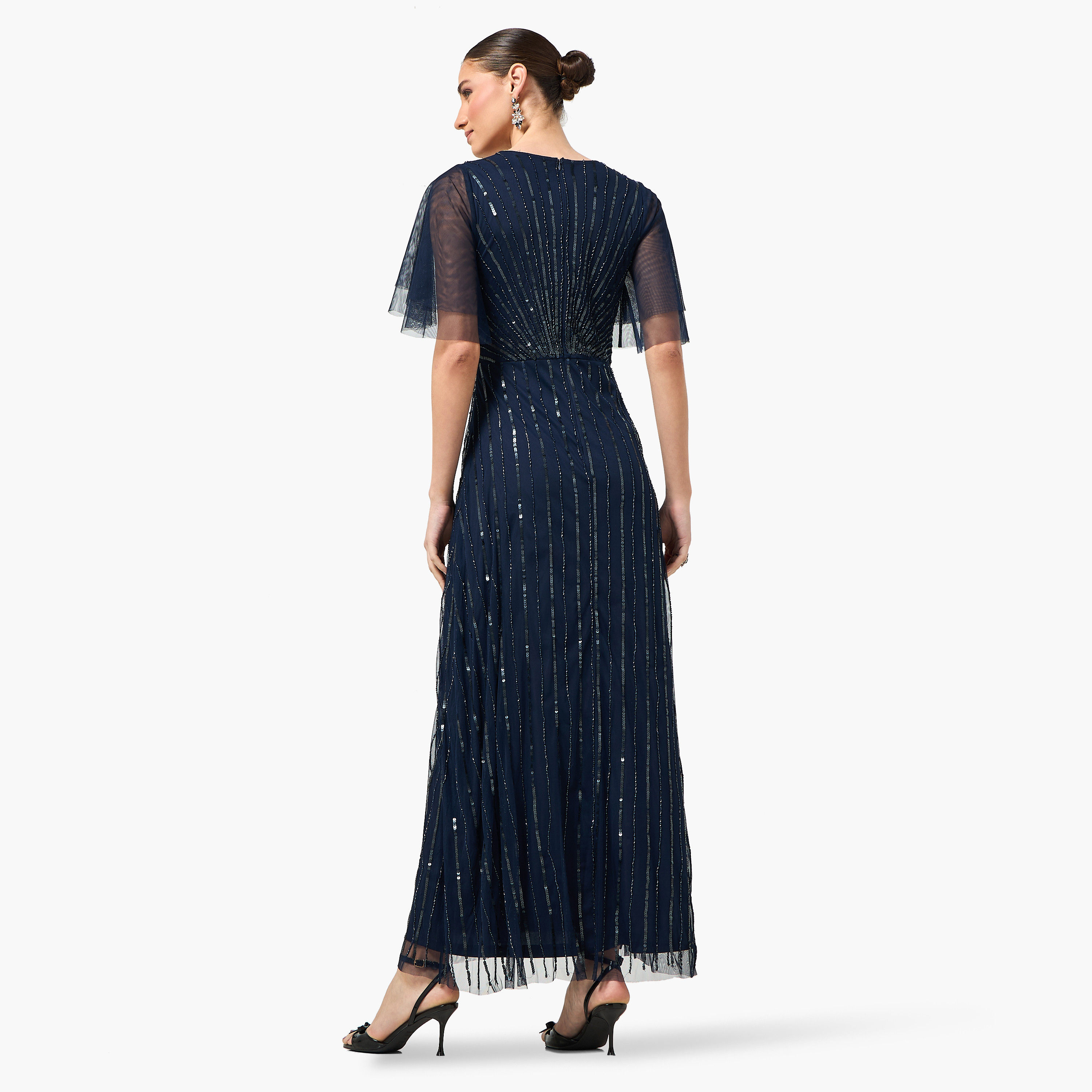 Amelia Rose Sequined Sheer Surplice Neck Flutter Sleeves Fit & Flared Women's Evening Maxi Dress-women-clothing-dresses-image-9