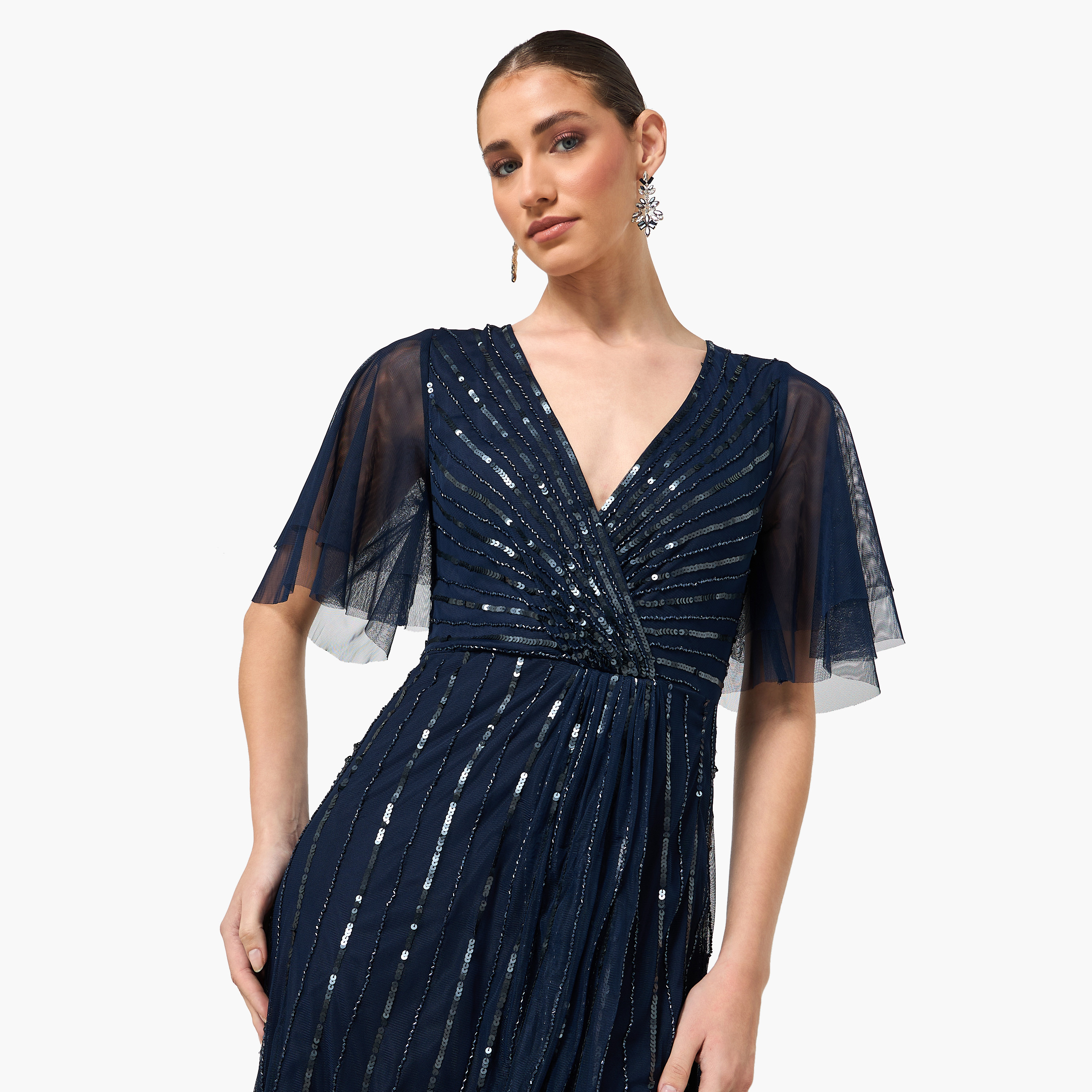 Amelia Rose Sequined Sheer Surplice Neck Flutter Sleeves Fit & Flared Women's Evening Maxi Dress-women-clothing-dresses-image-10