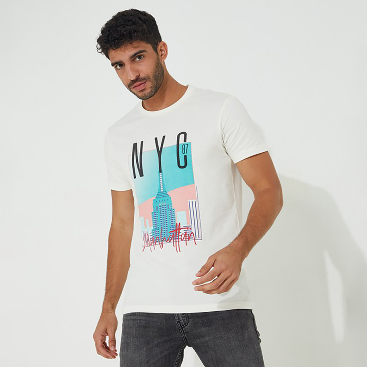 تيشيرت ايروبوستال بأكمام قصيرة وياقة دائرية مطبوعة باللون الأبیض للرجال-men-clothing-tshirtsandpolos-tshirts-image-1
