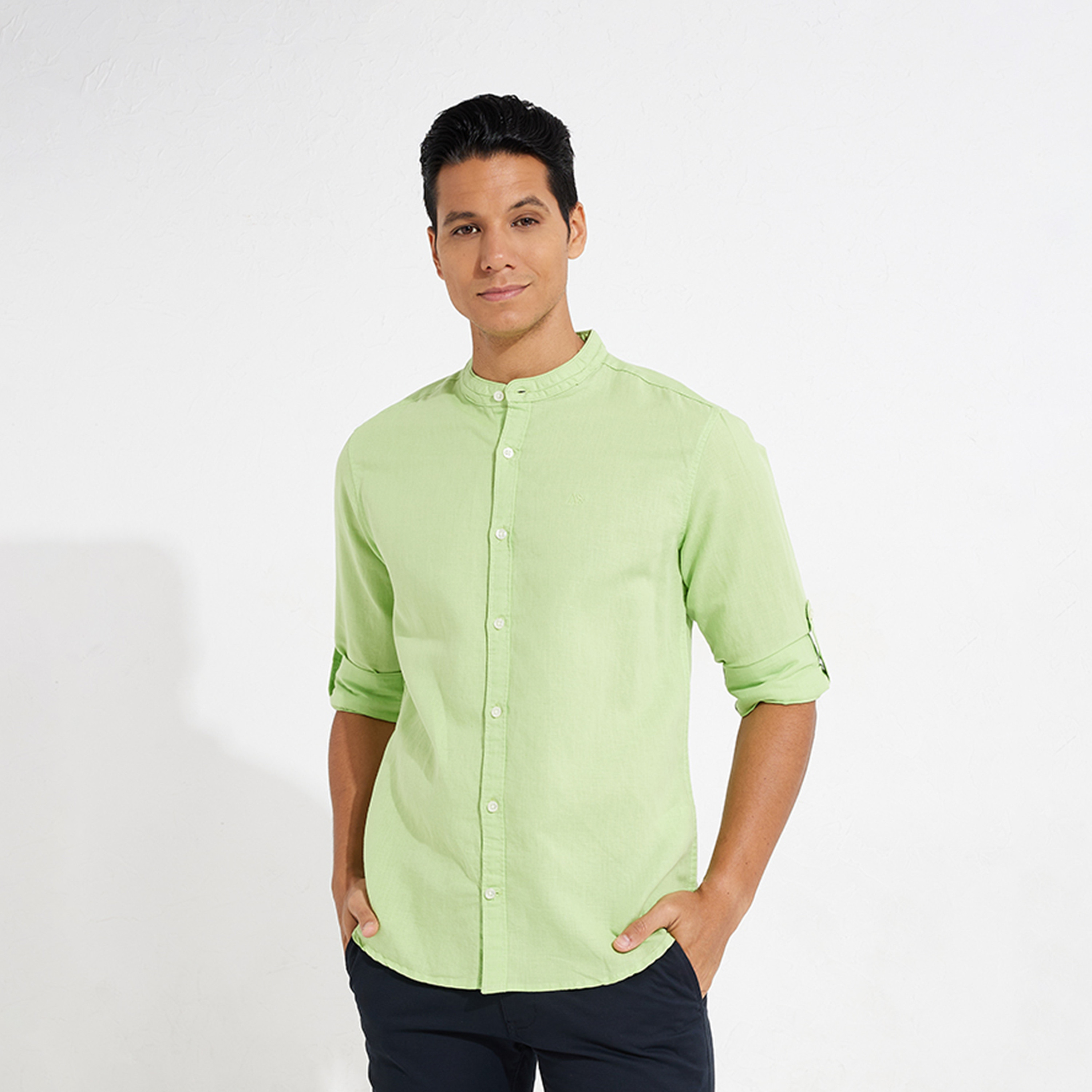 ايروبوستيل- قميص رسمي سادة بياقة ماندرين وأكمام طويلة للرجال-men-clothing-shirts-image-1
