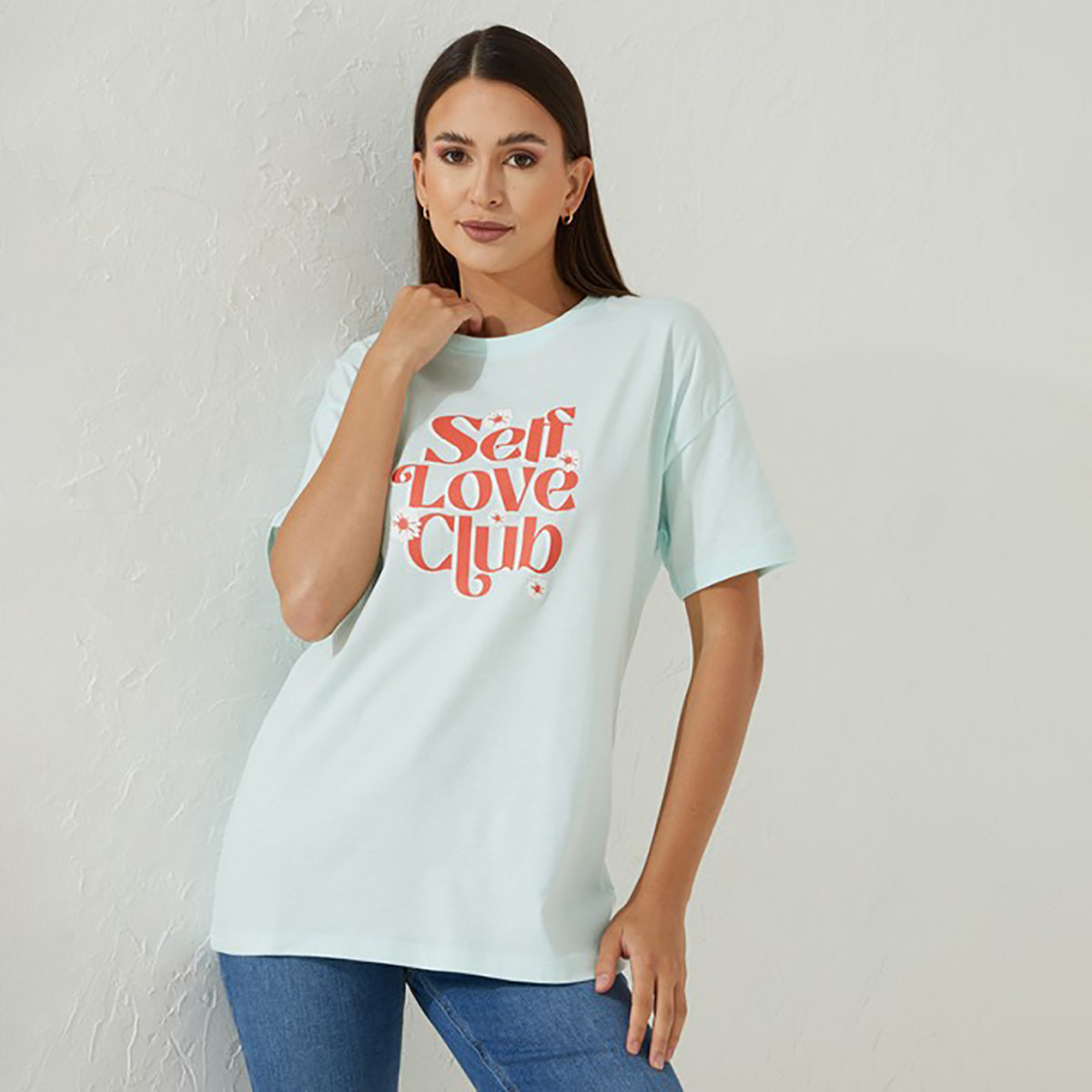 تي شيرت نسائي من ايروبوستال بأكمام قصيرة و ياقة مستديرة مع طبعات بلون مسحوق أزرق-women-clothing-tshirts-image-1