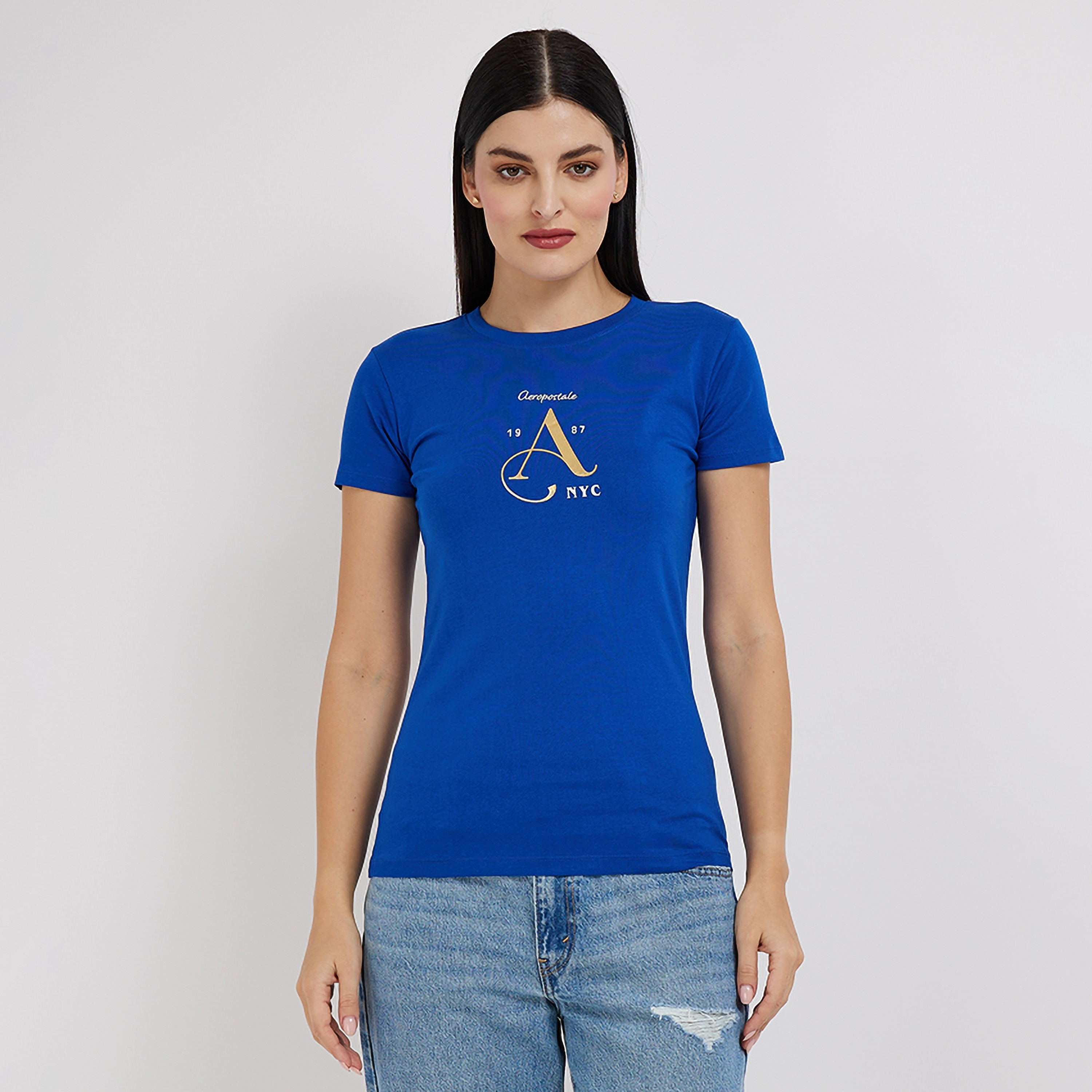 تي شيرت نسائي برقبة دائرية وأكمام قصيرة وطبعة حروف من أيروبوستال-women-clothing-tshirts-image-1