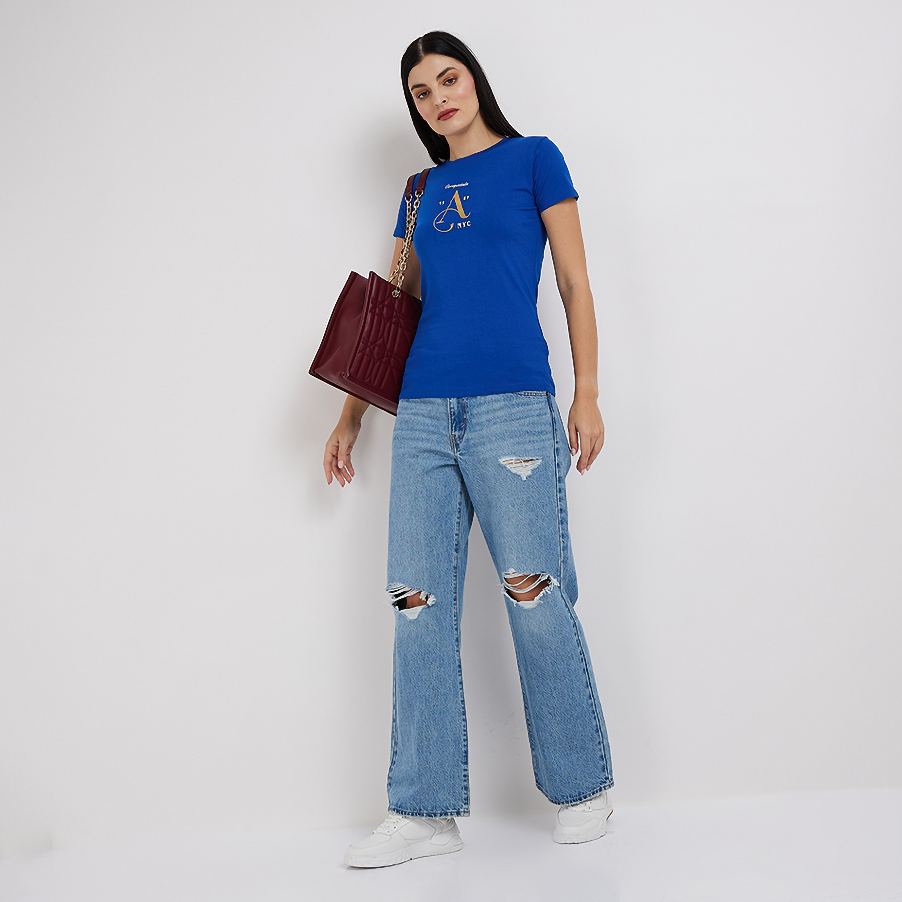 تي شيرت نسائي برقبة دائرية وأكمام قصيرة وطبعة حروف من أيروبوستال-women-clothing-tshirts-image-2