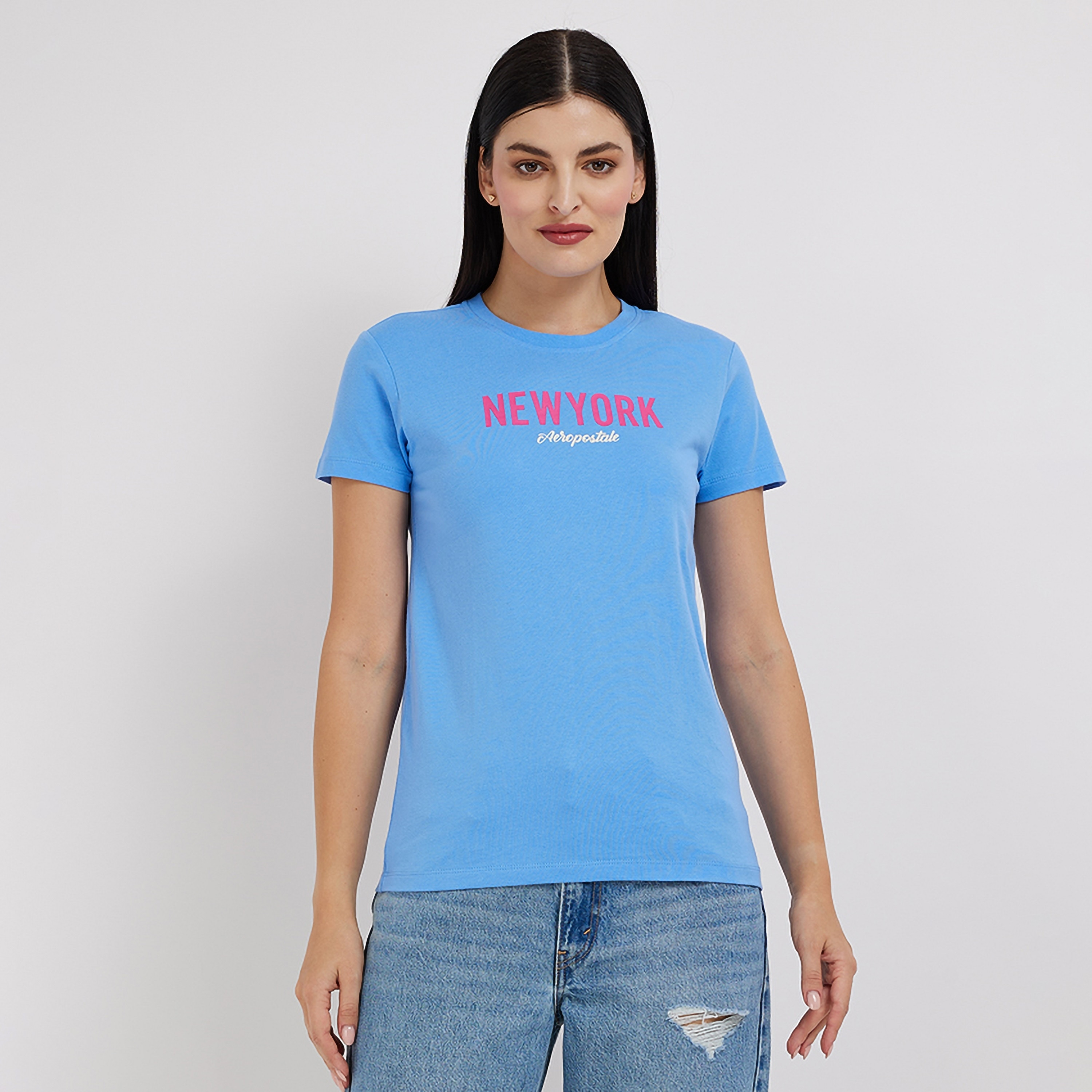تي شيرت نسائي بأكمام قصيرة ورقبة دائرية وطبعة نصية من أيروبوستال-women-clothing-tshirts-image-1