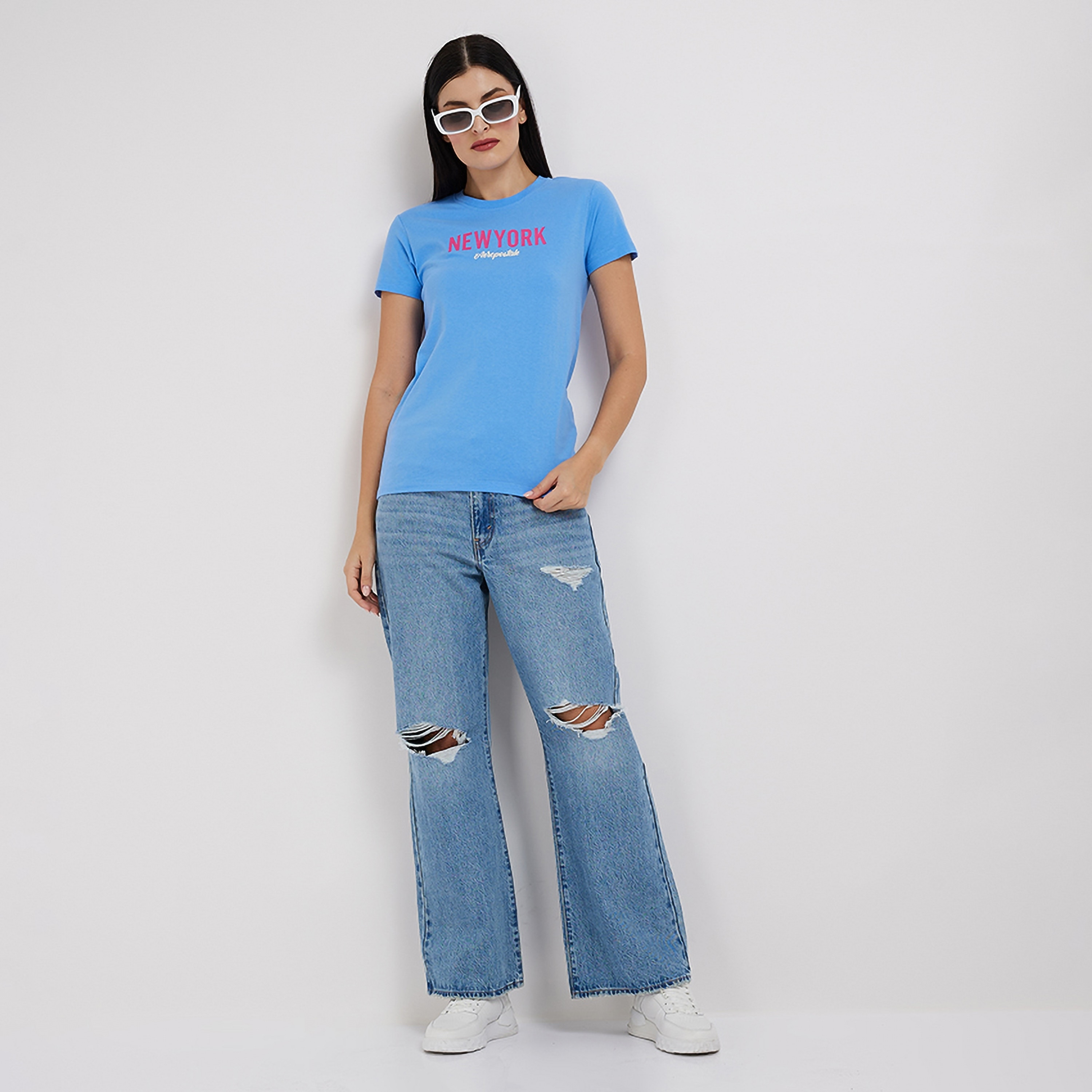 تي شيرت نسائي بأكمام قصيرة ورقبة دائرية وطبعة نصية من أيروبوستال-women-clothing-tshirts-image-2