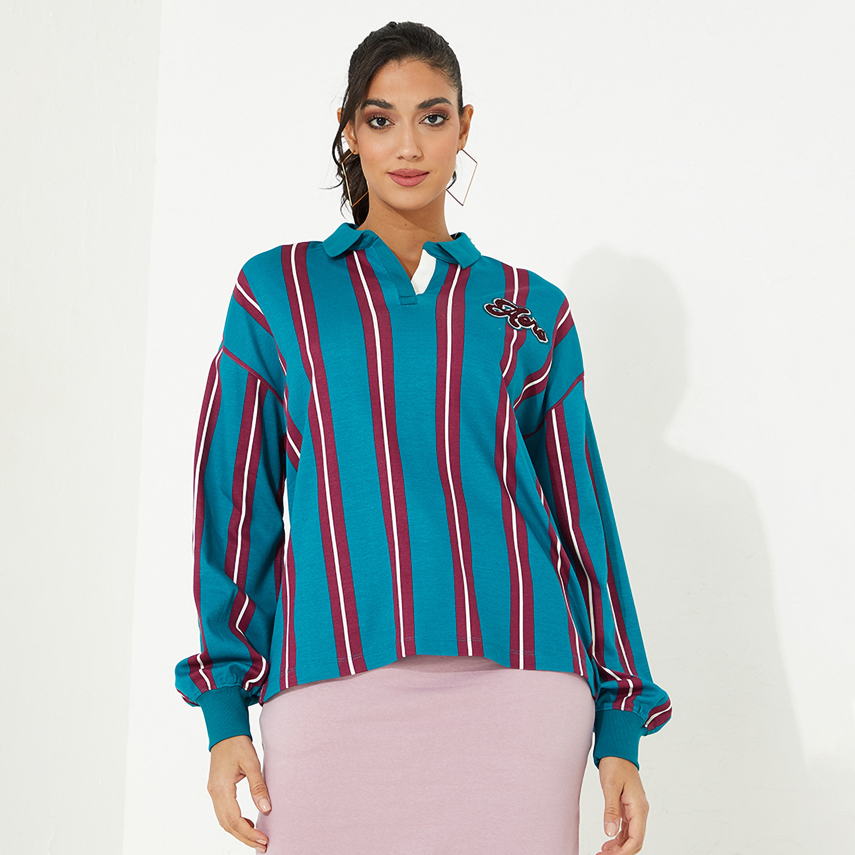 Aeropostale Striped Johny Collar Dropped Sleeves Women's T-Shirt-women-clothing-tshirts-image-1