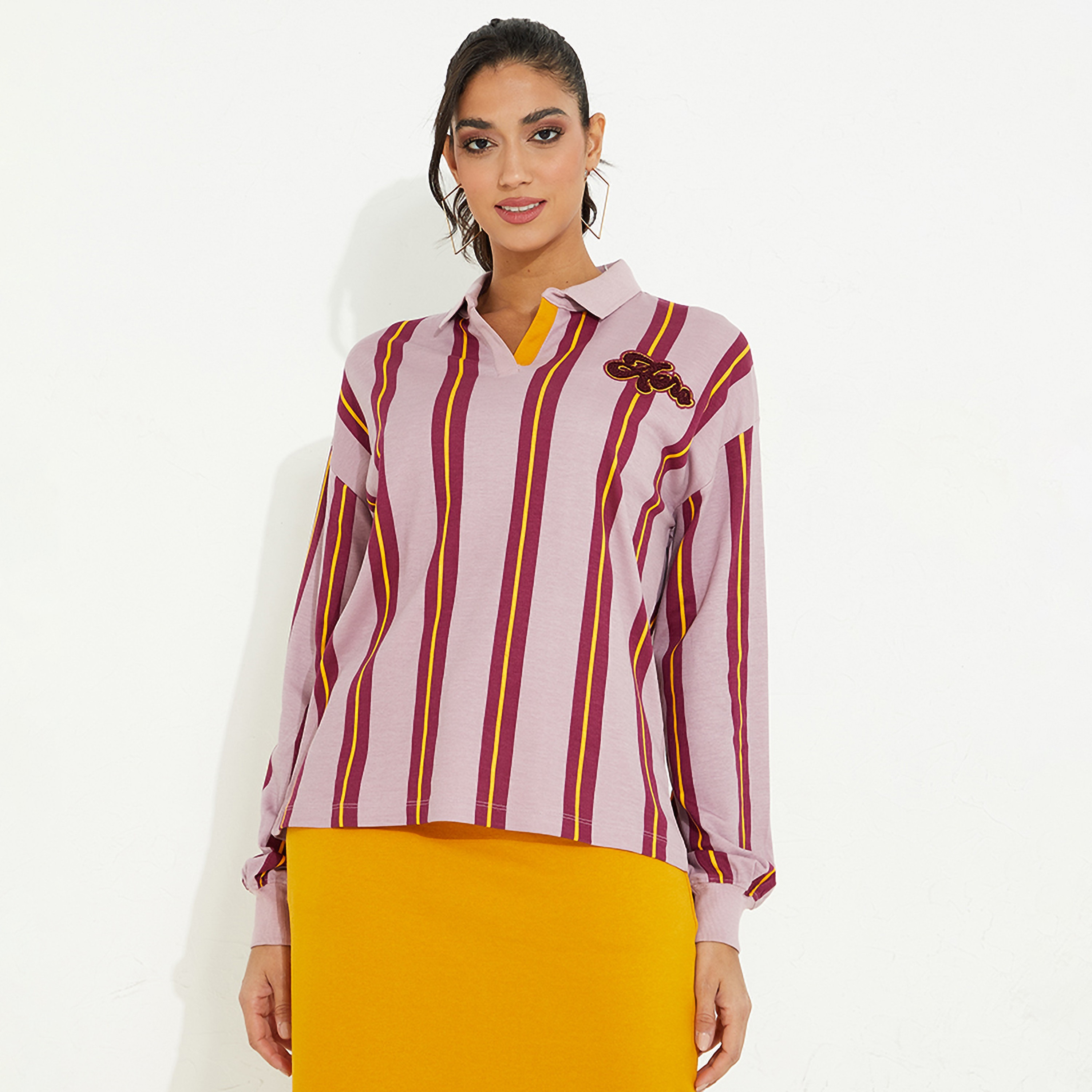 تي شيرت نسائي مخطط بياقة جوني وأكمام منسدلة من أيروبوستال-women-clothing-tshirts-image-5