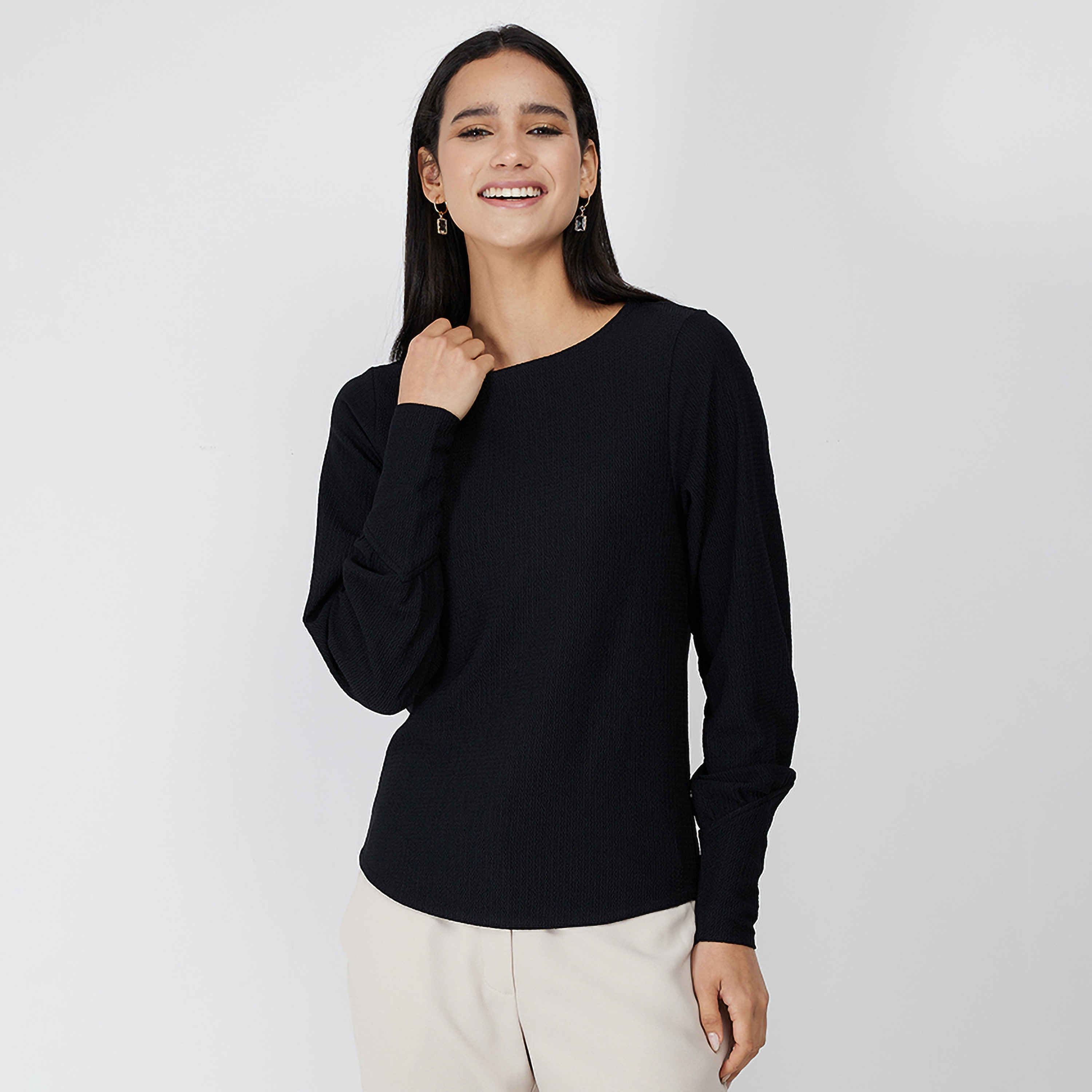 بلوزة نسائية منسوجة برقبة مستديرة وأكمام طويلة من أيروبوستال-women-clothing-shirtsandblouses-blouses-image-1