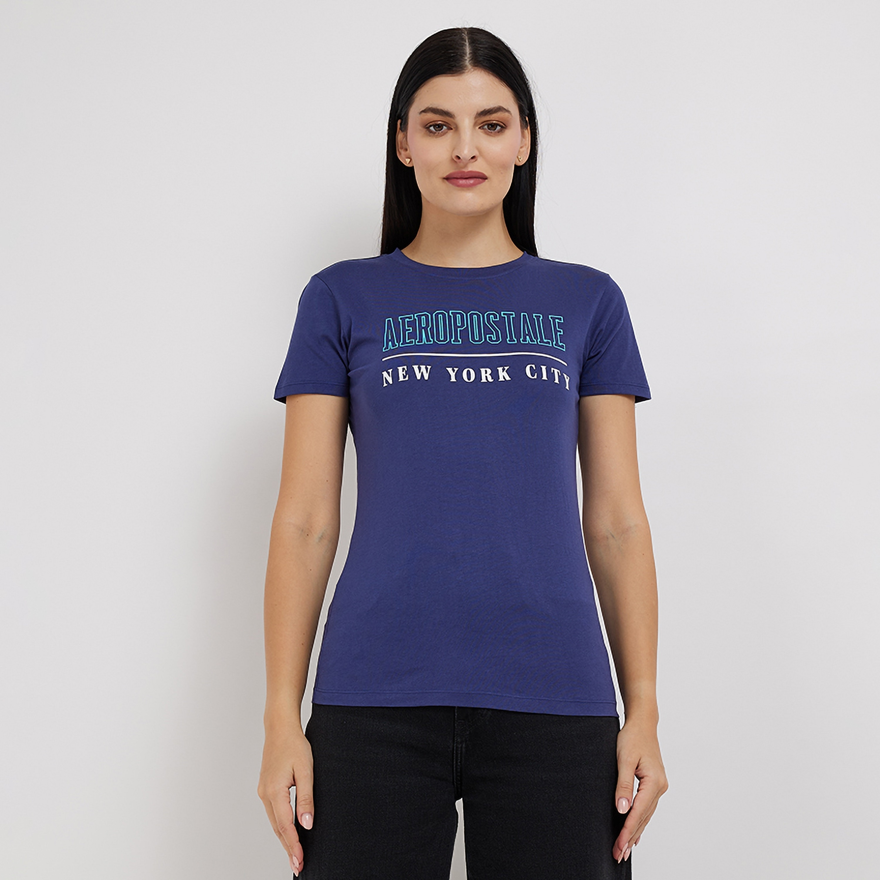 تي شيرت نسائي بأكمام قصيرة ورقبة دائرية وطبعة نصية من أيروبوستال-women-clothing-tshirts-image-1
