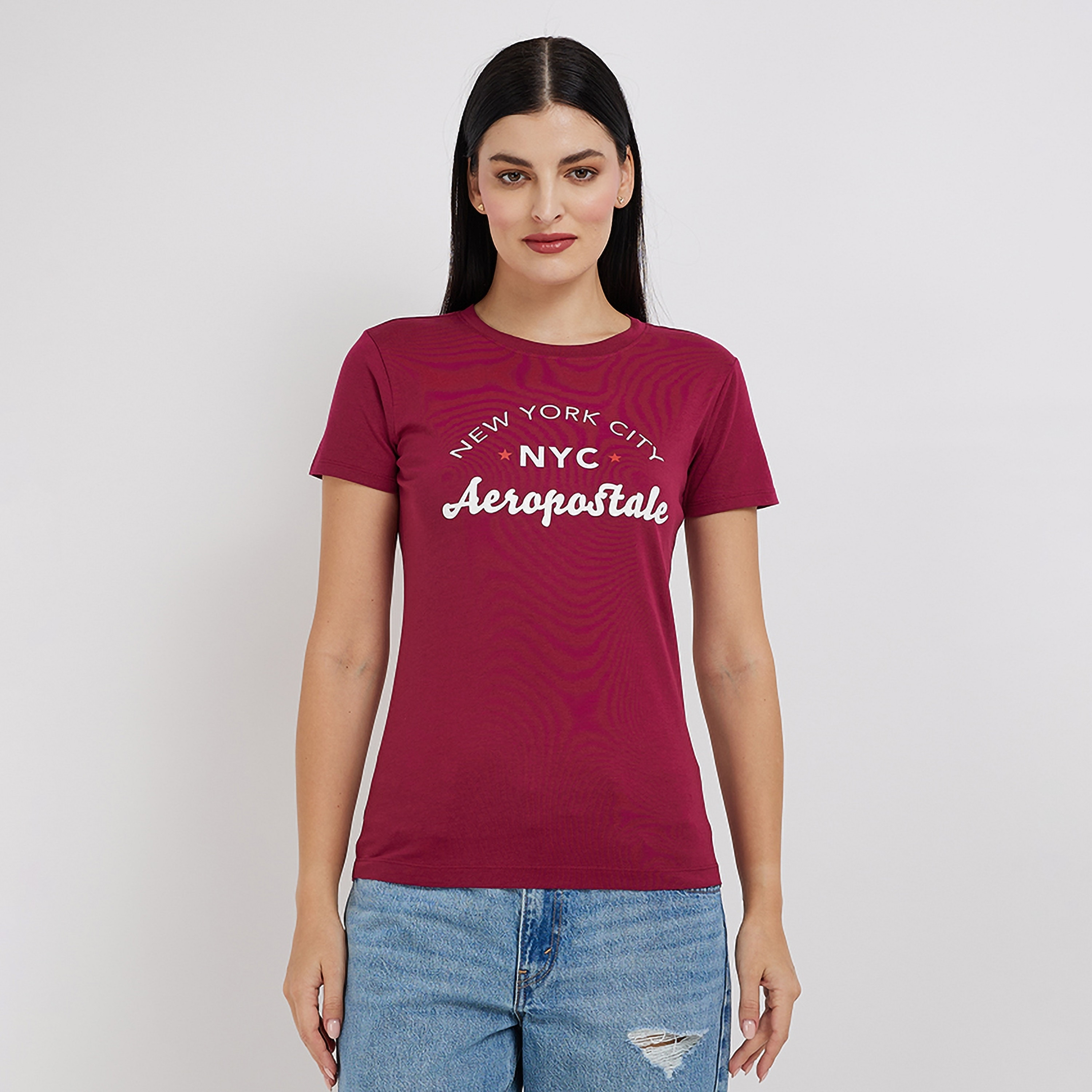 تي شيرت نسائي بأكمام قصيرة ورقبة دائرية وطبعة نصية من أيروبوستال-women-clothing-tshirts-image-1
