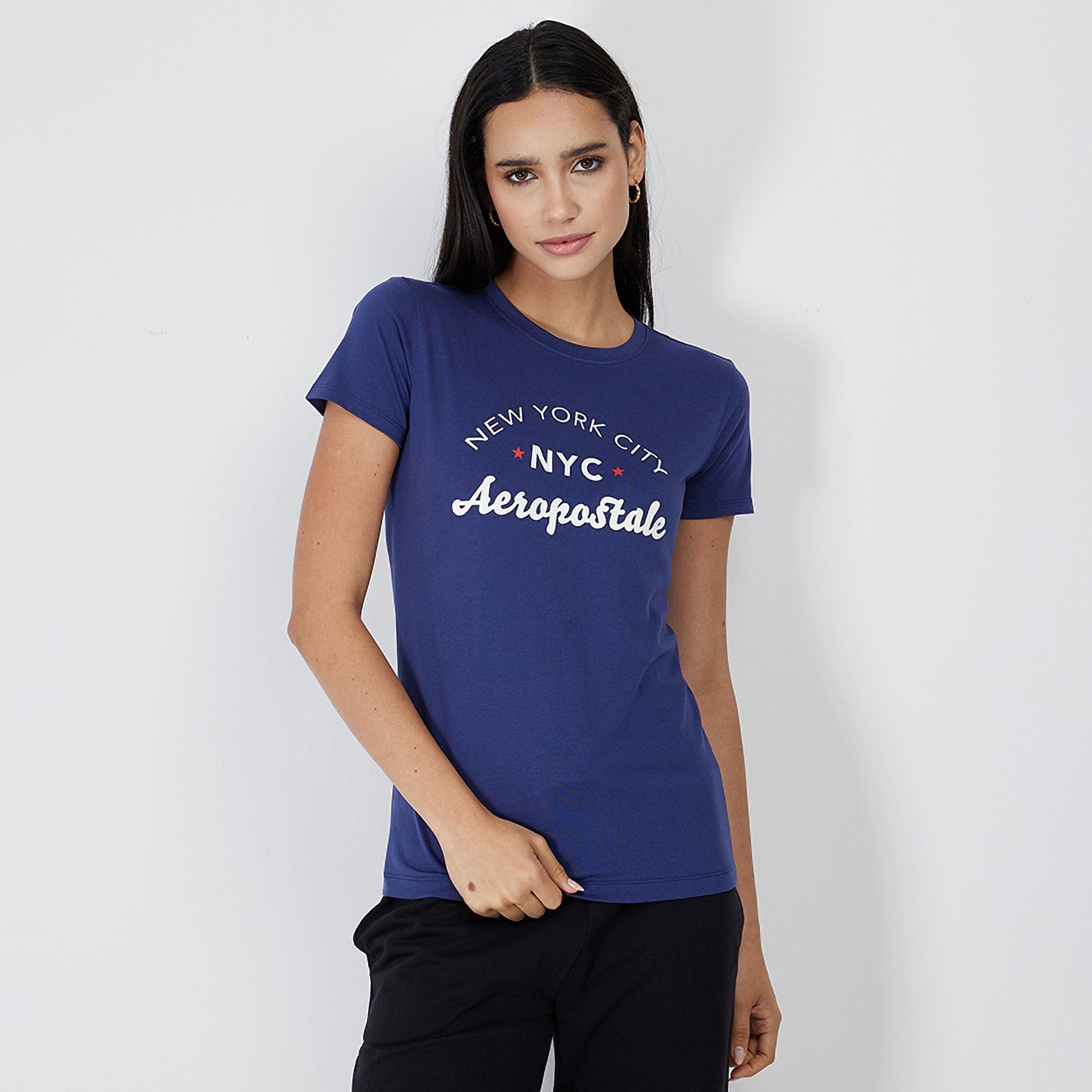 تي شيرت نسائي بأكمام قصيرة ورقبة دائرية وطبعة نصية من أيروبوستال-women-clothing-tshirts-image-5
