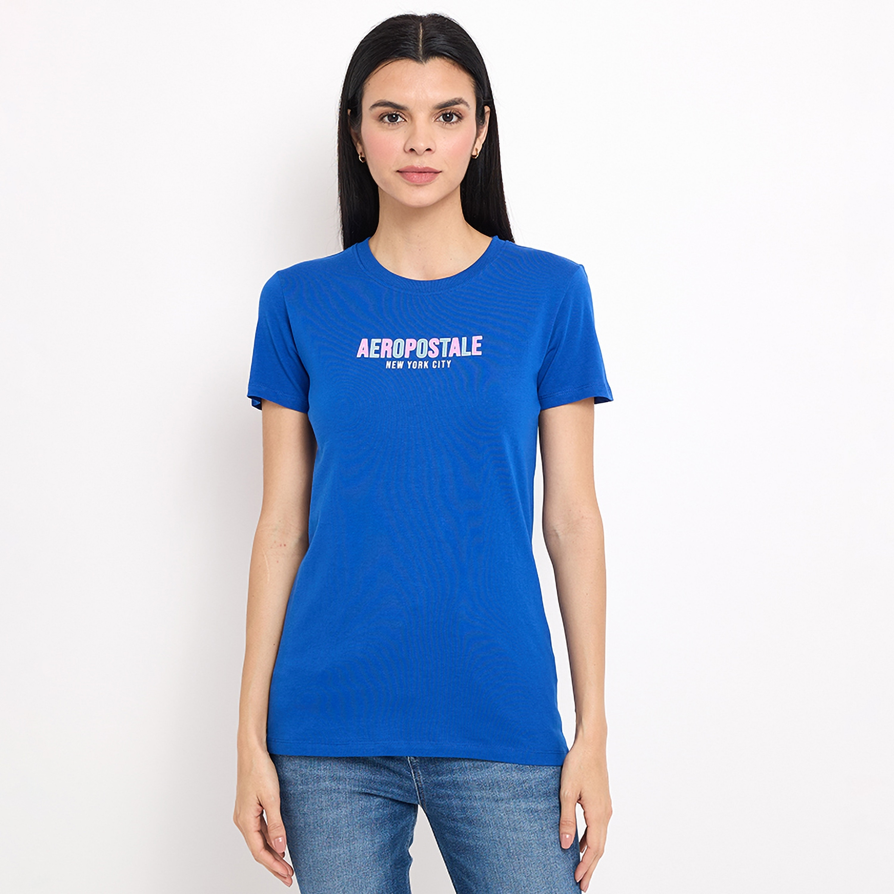 تي شيرت نسائي بأكمام قصيرة ورقبة دائرية وطبعة نصية من أيروبوستال-women-clothing-tshirts-image-1