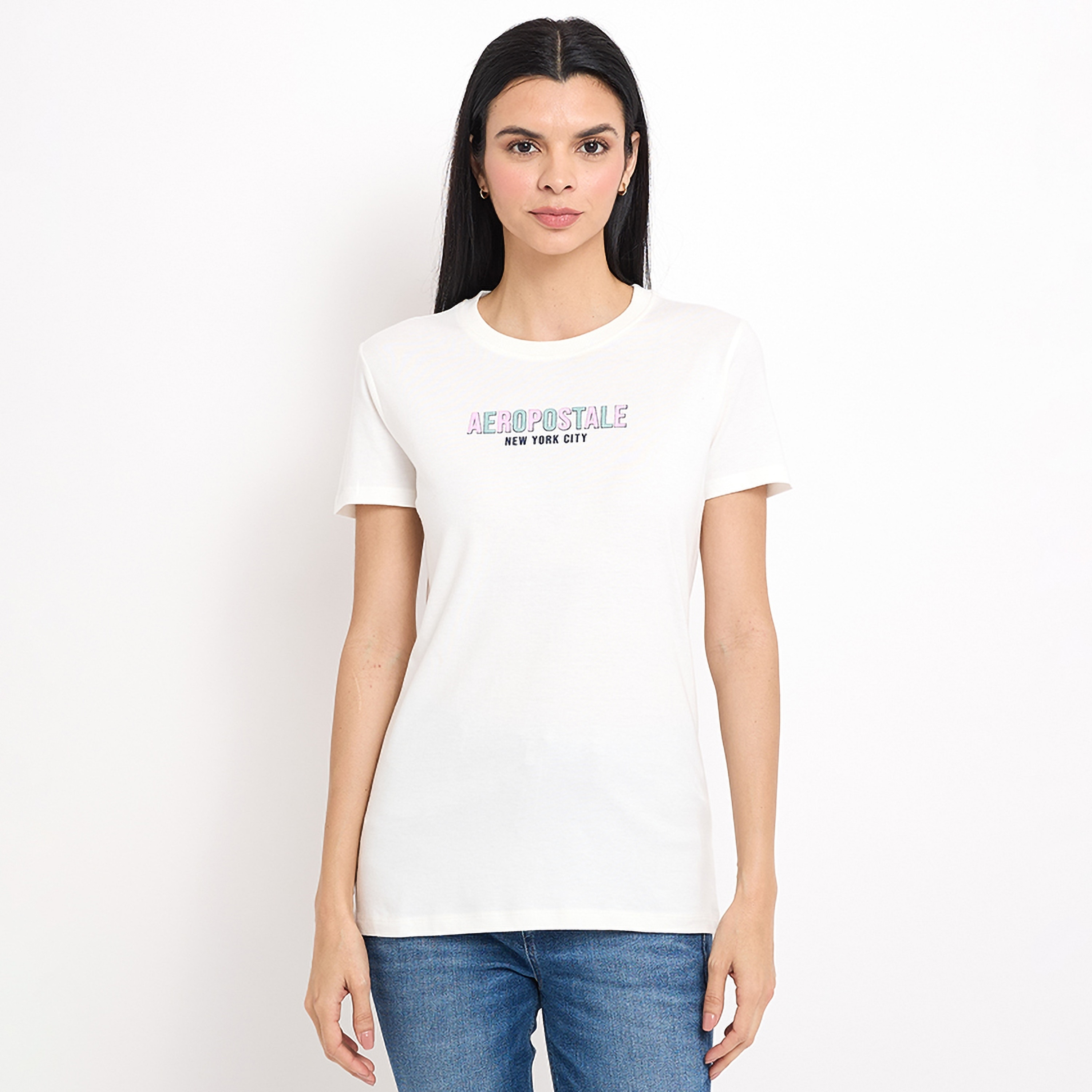 تي شيرت نسائي بأكمام قصيرة ورقبة دائرية وطبعة نصية من أيروبوستال-women-clothing-tshirts-image-5