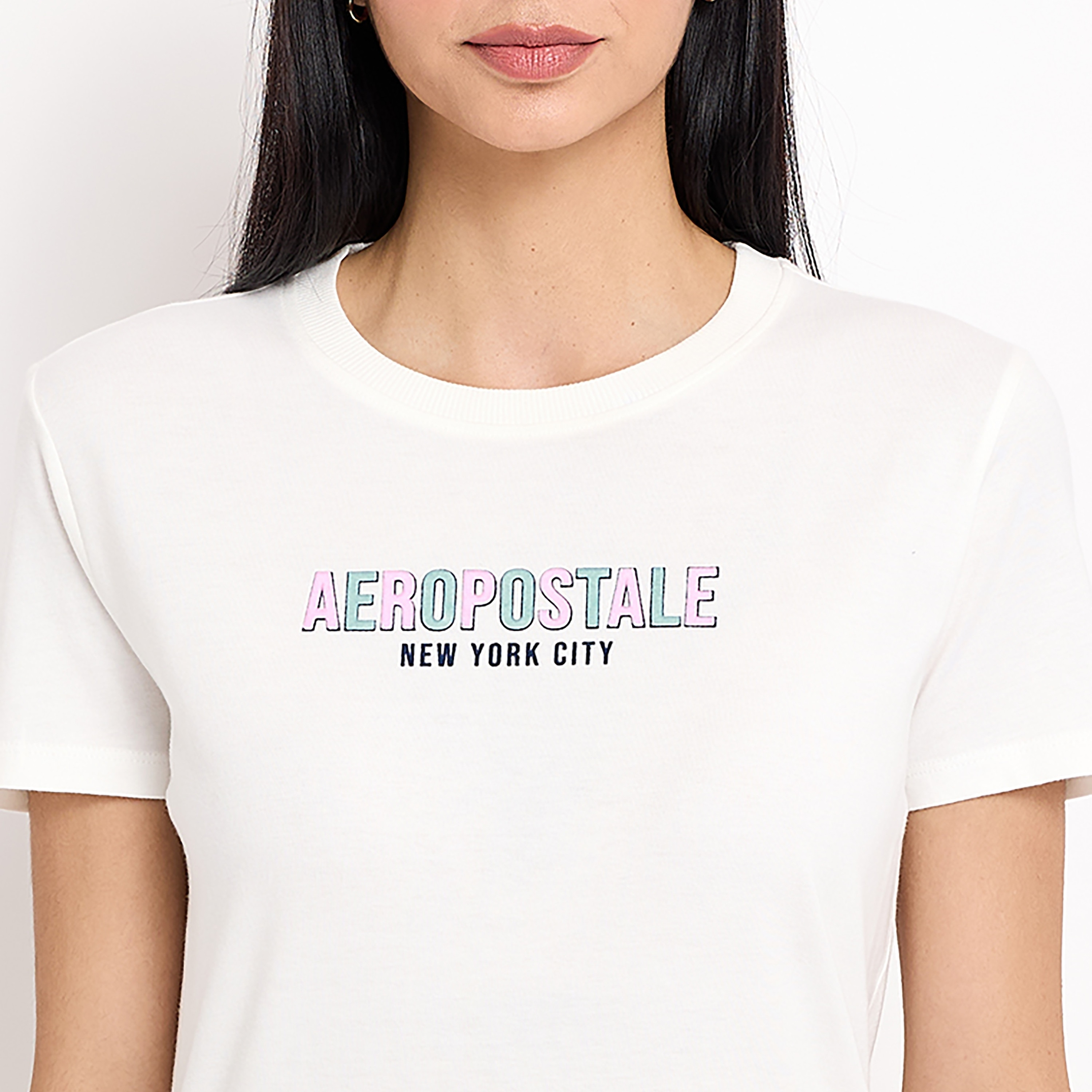 تي شيرت نسائي بأكمام قصيرة ورقبة دائرية وطبعة نصية من أيروبوستال-women-clothing-tshirts-image-7