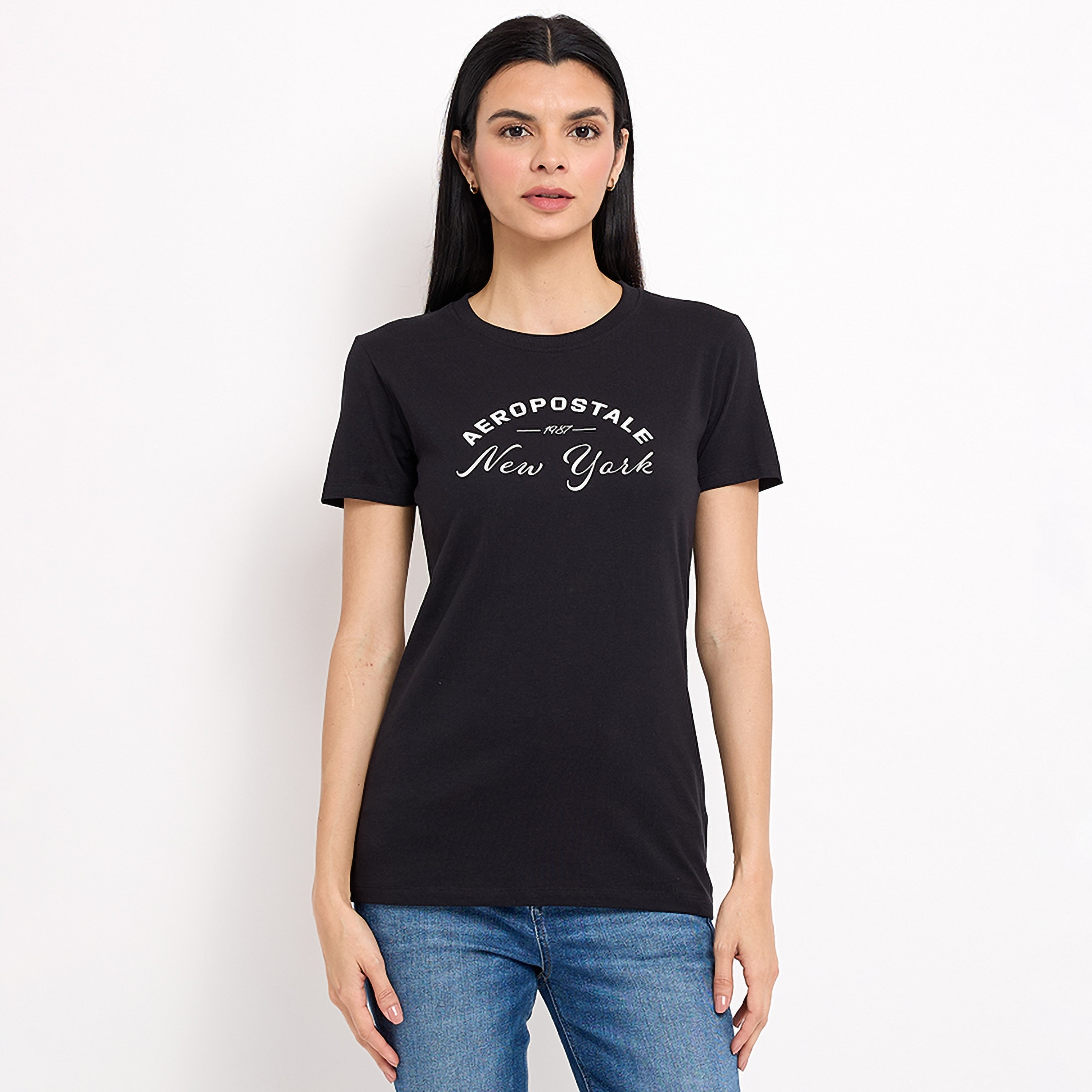تي شيرت نسائي بأكمام قصيرة ورقبة دائرية وطبعة نصية من أيروبوستال-women-clothing-tshirts-image-1