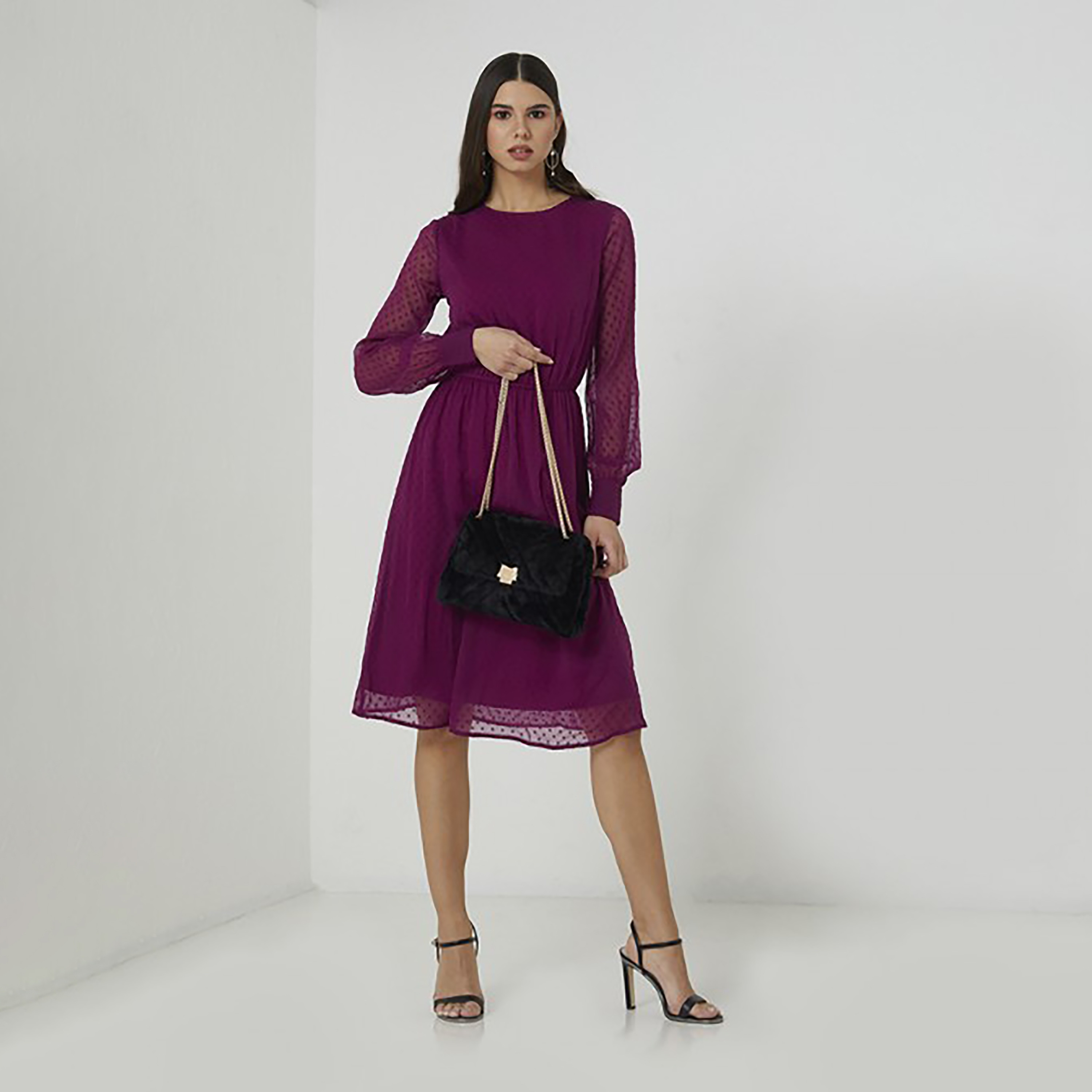 فستان ميدي ذو فيت وفلير برقبة مستديرة من إيروبوستال دوبي-women-clothing-dresses-image-2