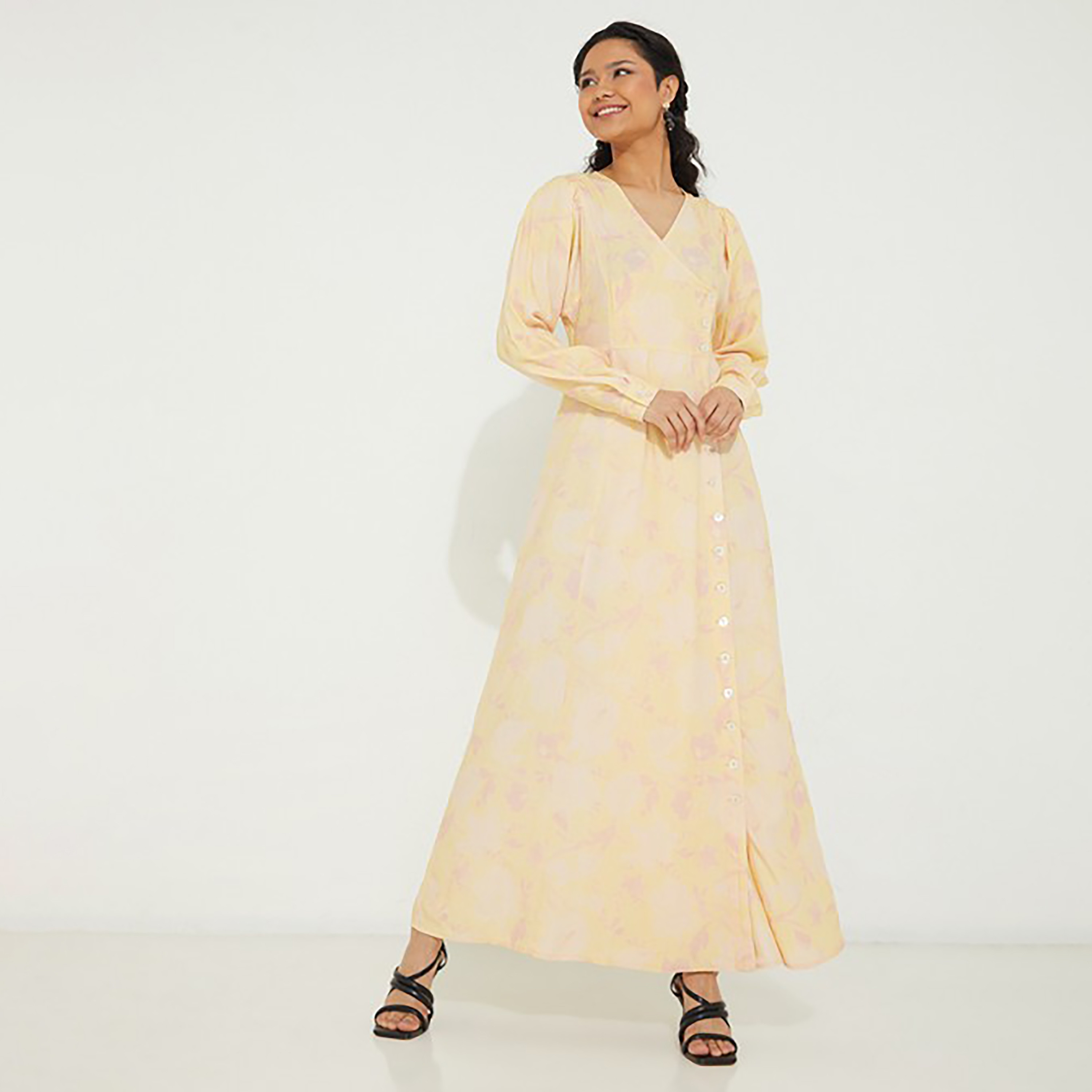 فستان ماكسي ملفوف برقبة على شكل فى مع مطبوع من إيروبوستال-women-clothing-dresses-image-1