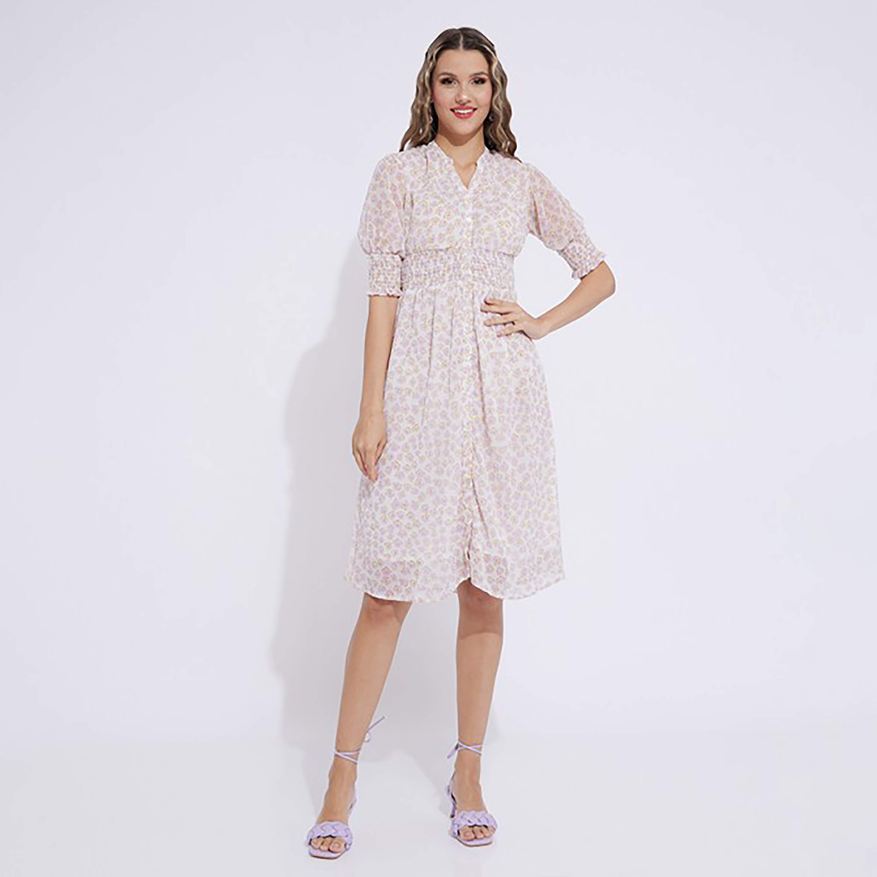 Aeropostale Printed Mandarin Collar Smocked Waist Midi Dress-women-clothing-dresses-image-1