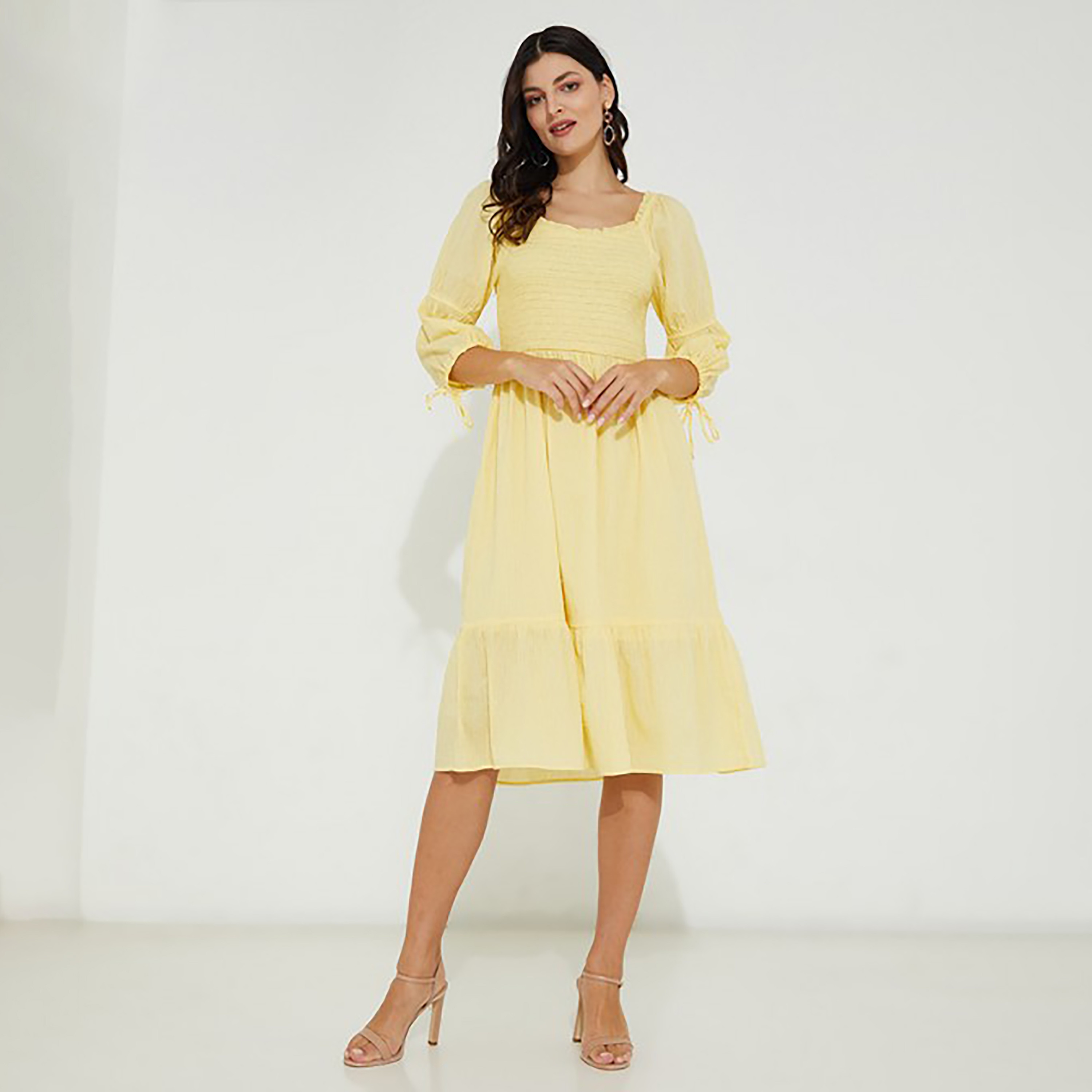 فستان متوسط الطول ورقبة مربعة مع سموكيد من إيروبوستال-women-clothing-dresses-image-1