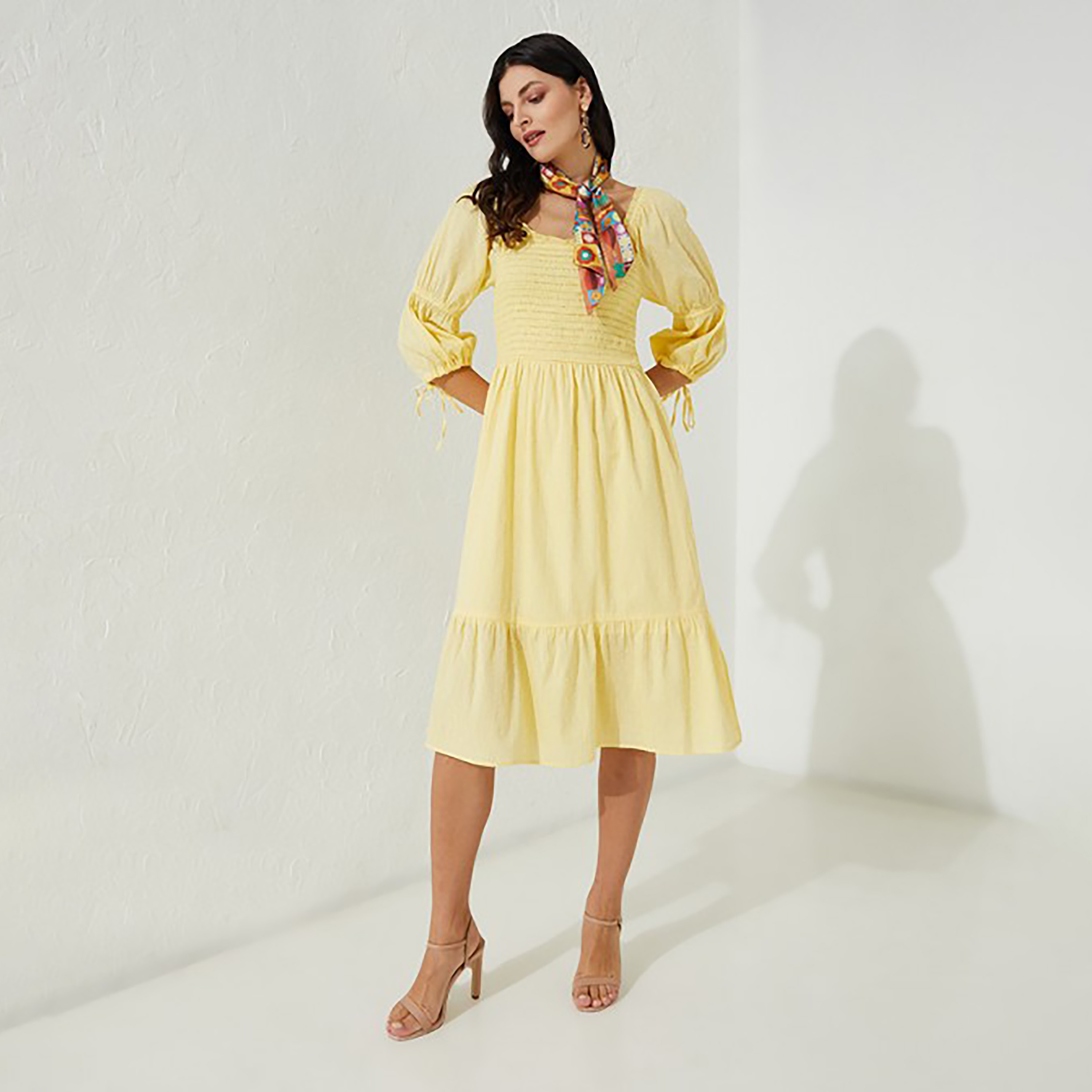 فستان متوسط الطول ورقبة مربعة مع سموكيد من إيروبوستال-women-clothing-dresses-image-2