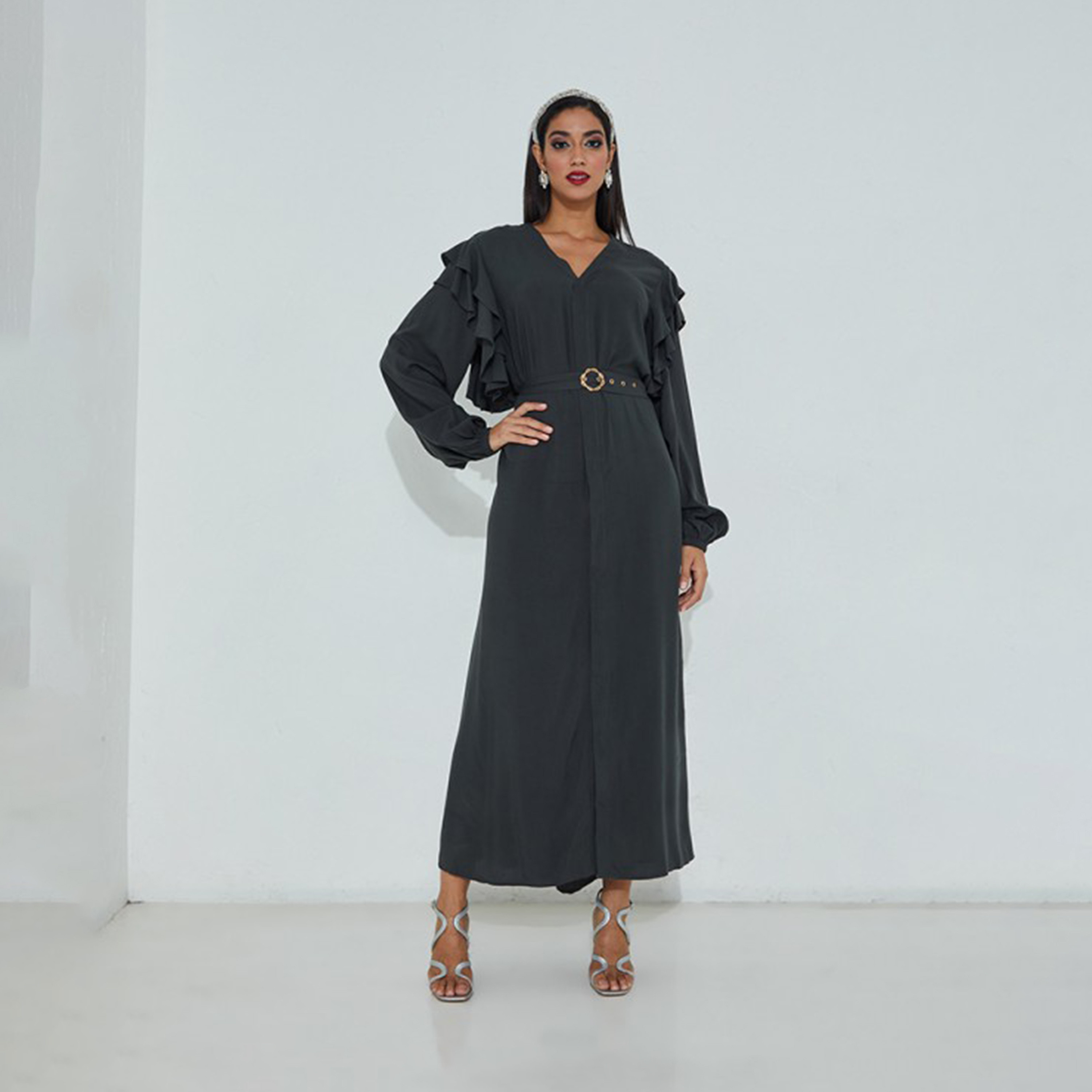 أيروبوستال- فستان ماكسي سادة بأكمام طويلة ورقبة شكل حرف V للنساء-women-clothing-dresses-image-1