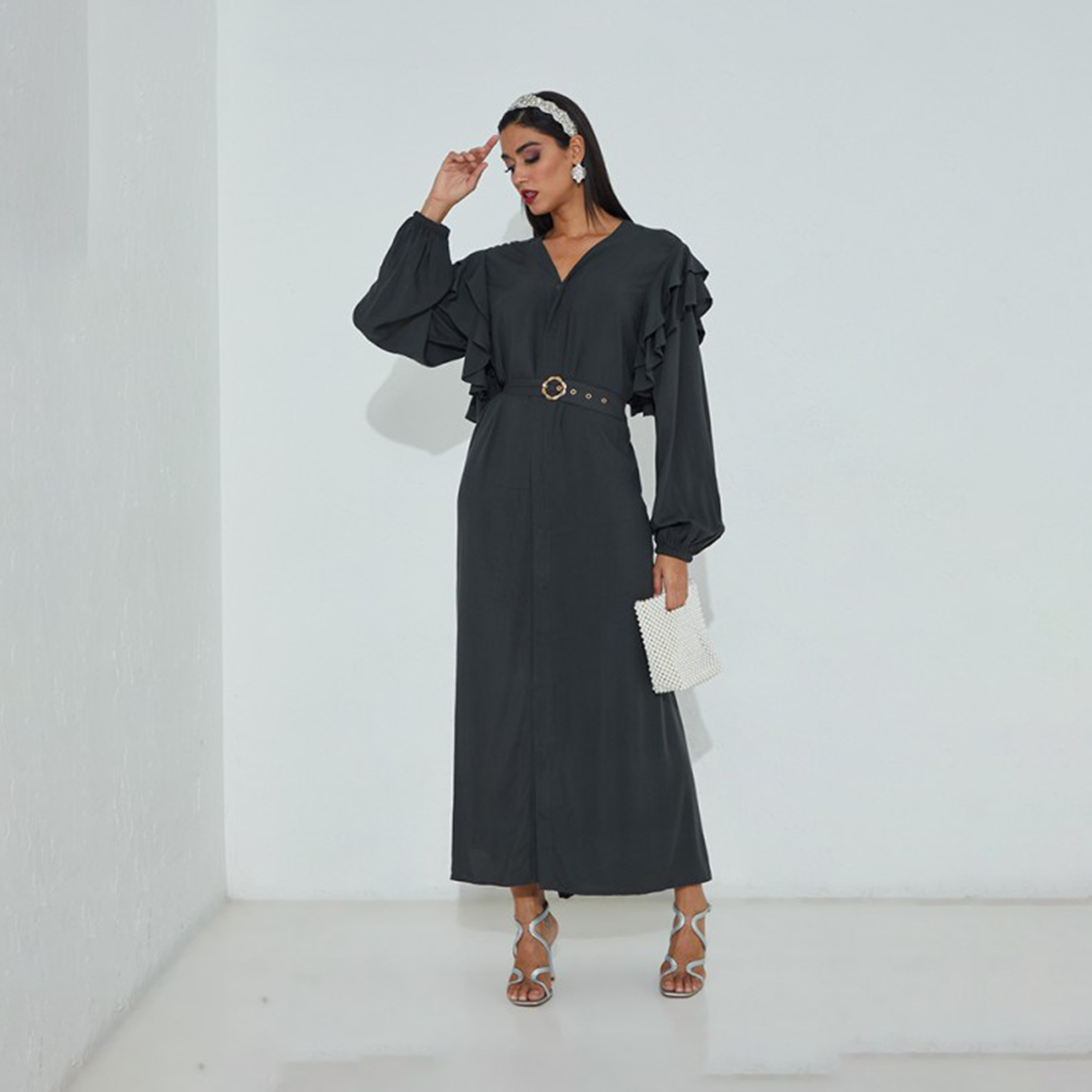 Aeropostale Women's Plain V-neck Long Sleeves A-line Maxi Dress-women-clothing-dresses-image-4