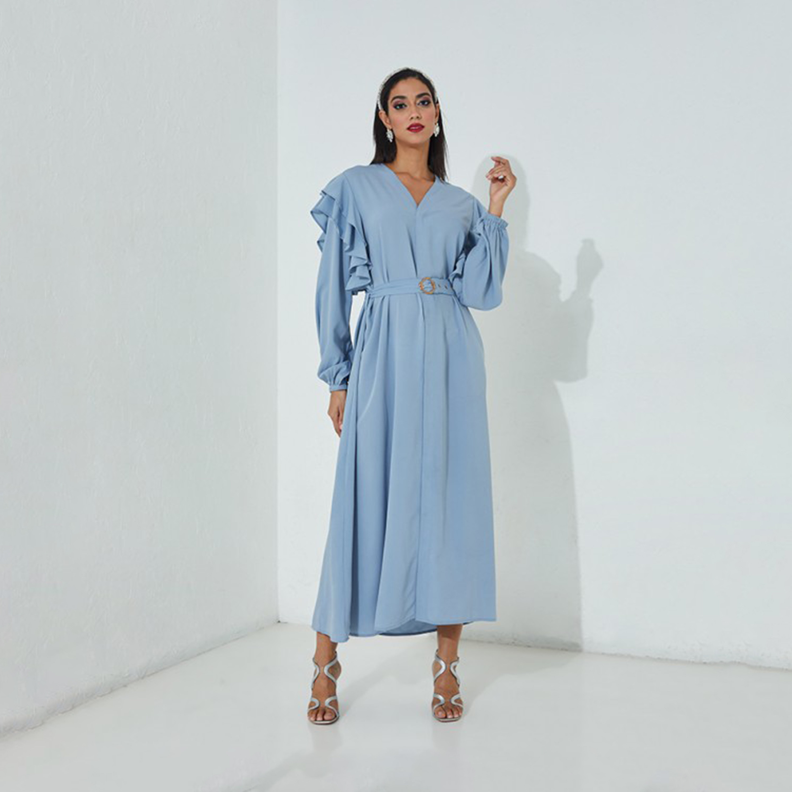 أيروبوستال- فستان ماكسي سادة بأكمام طويلة ورقبة شكل حرف V للنساء-women-clothing-dresses-image-5