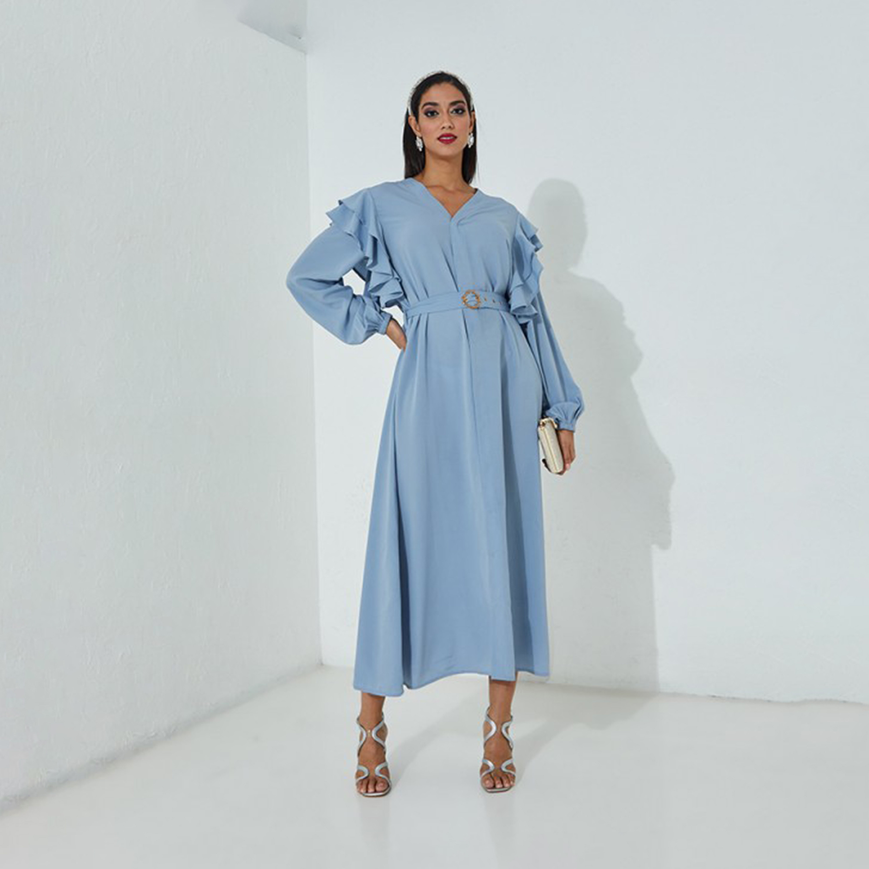 أيروبوستال- فستان ماكسي سادة بأكمام طويلة ورقبة شكل حرف V للنساء-women-clothing-dresses-image-8