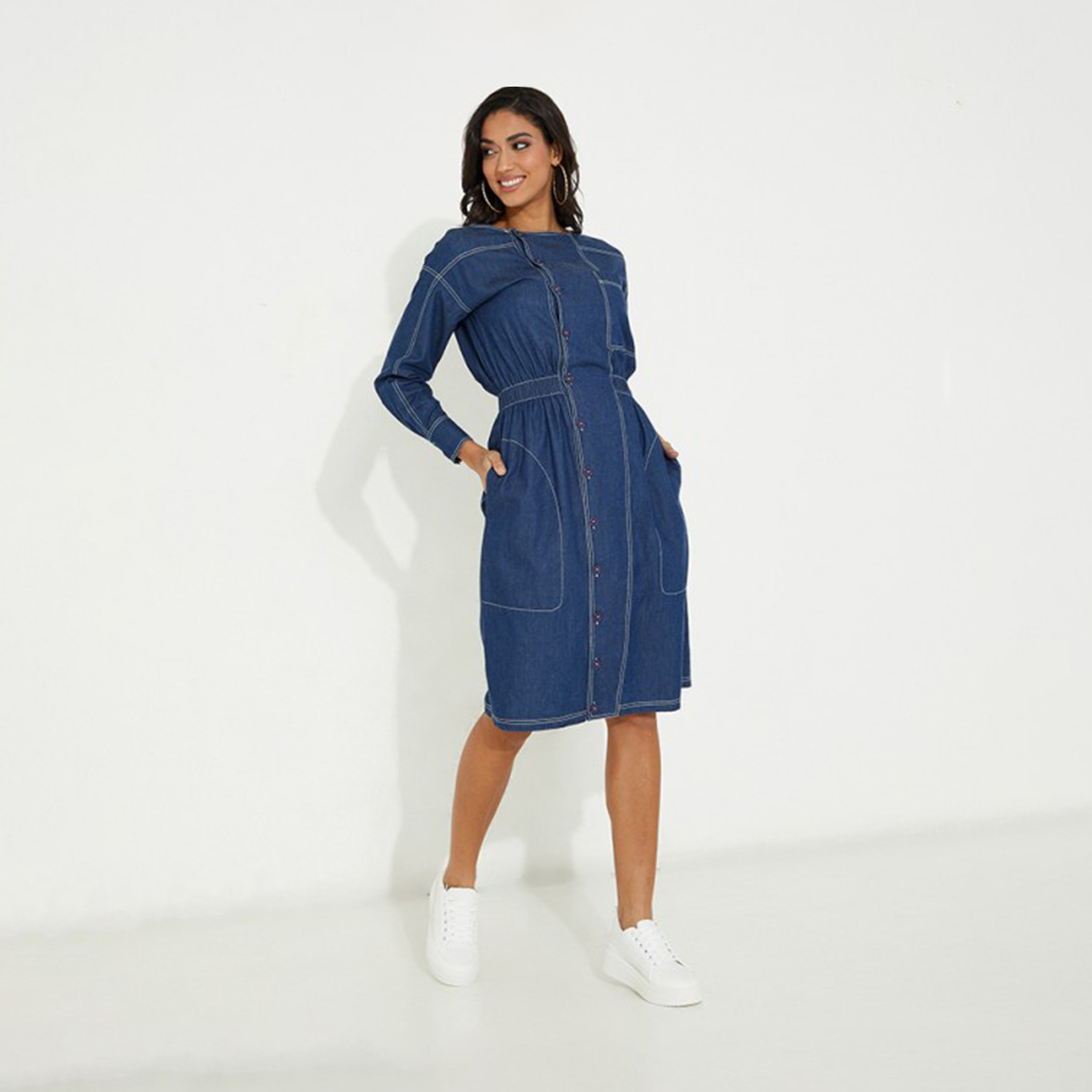 أيروبوستال- فستان نسائي متوسط ​​الطول بأكمام طويلة ورقبة دائرية-women-clothing-dresses-image-1