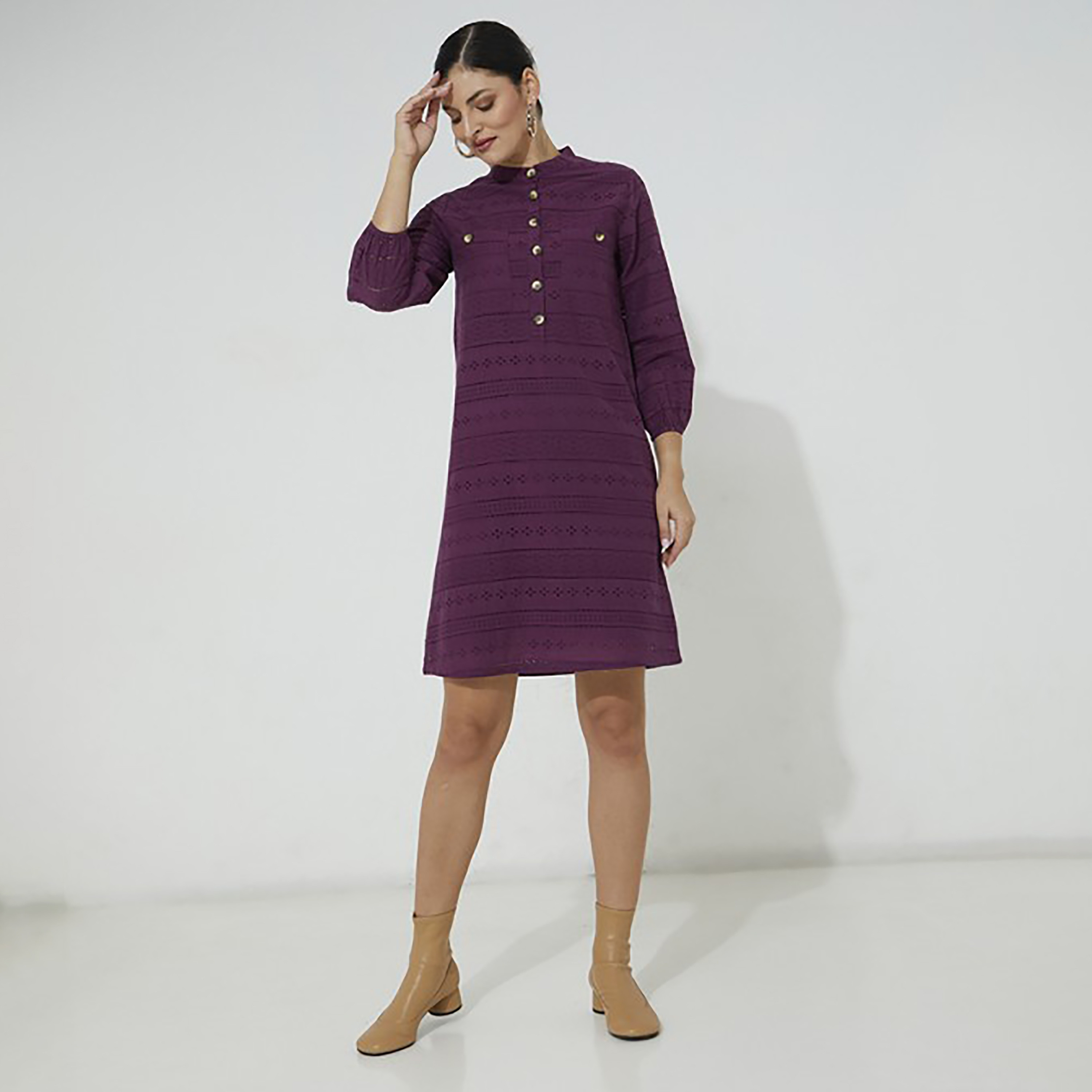 Aeropostale Schiffli Embroidered Mandarin Collar Shirt Mini Women's Dress-women-clothing-dresses-image-1