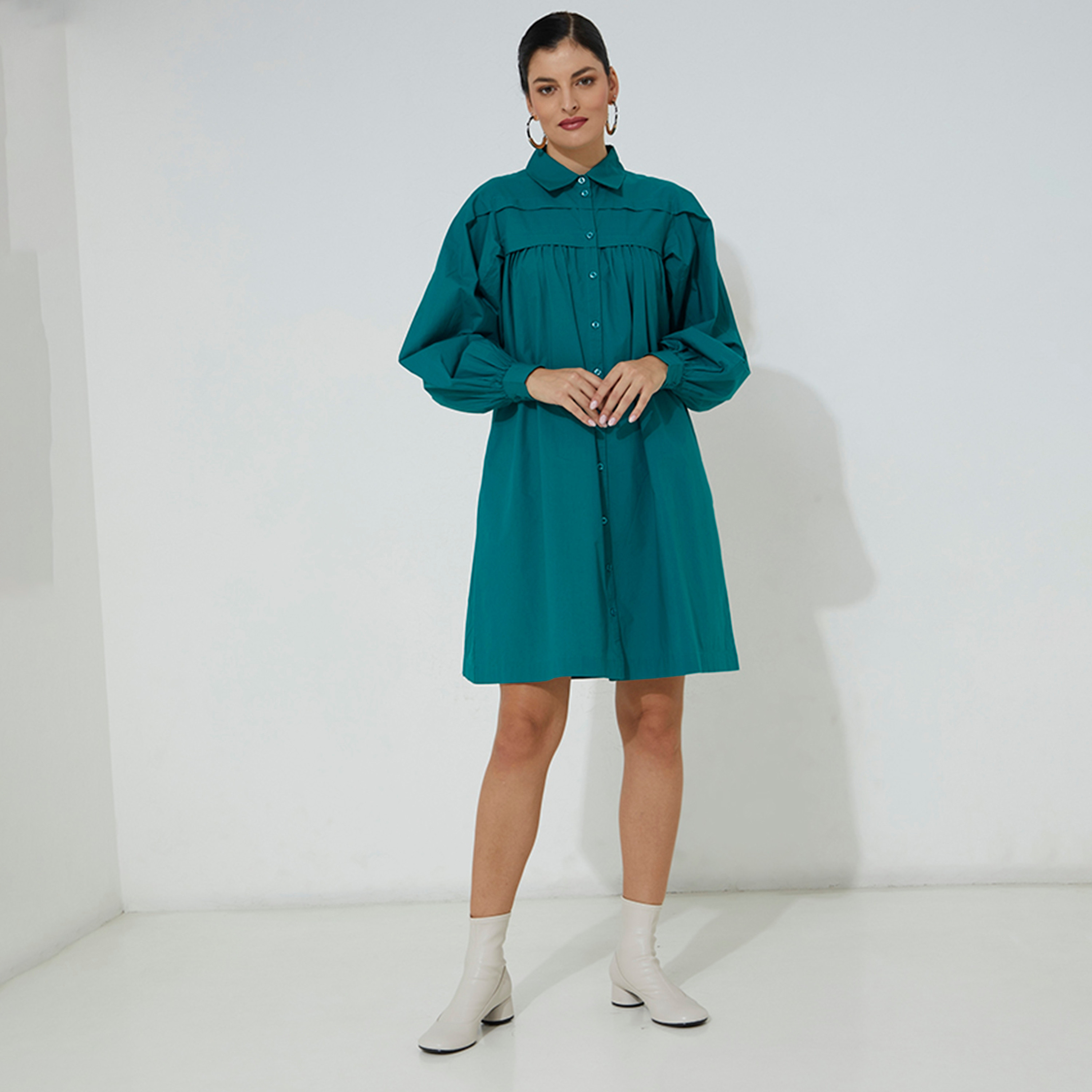 فستان قميص نسائي ميني من ايروبوستال بأكمام منفوخة وياقة مطوية باللون الخردلي-women-clothing-dresses-image-5