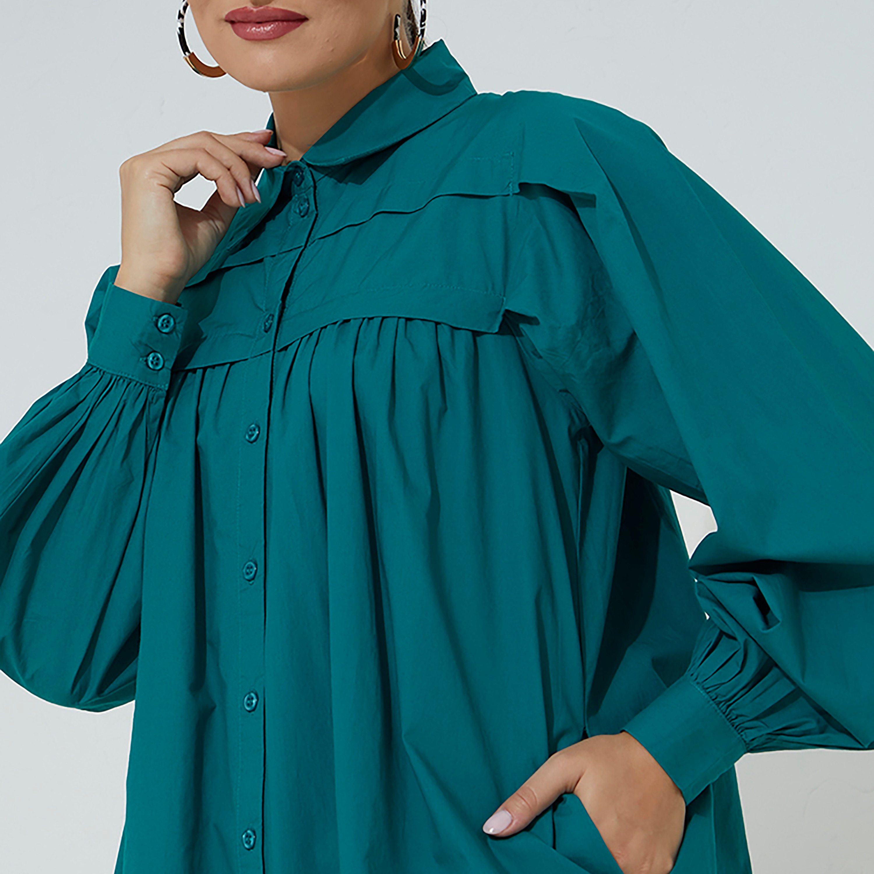 فستان قميص نسائي ميني من ايروبوستال بأكمام منفوخة وياقة مطوية باللون الخردلي-women-clothing-dresses-image-6
