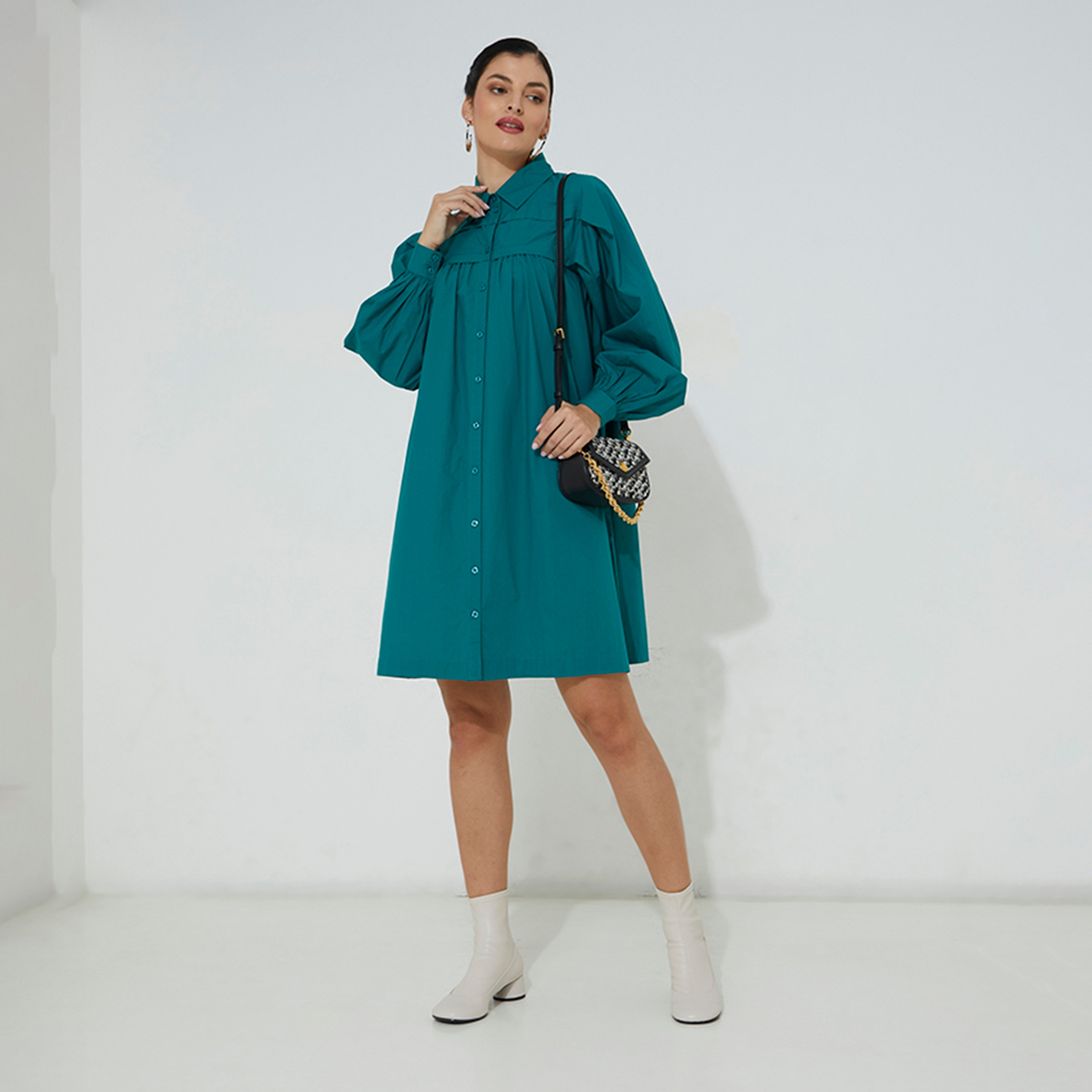 فستان قميص نسائي ميني من ايروبوستال بأكمام منفوخة وياقة مطوية باللون الخردلي-women-clothing-dresses-image-7