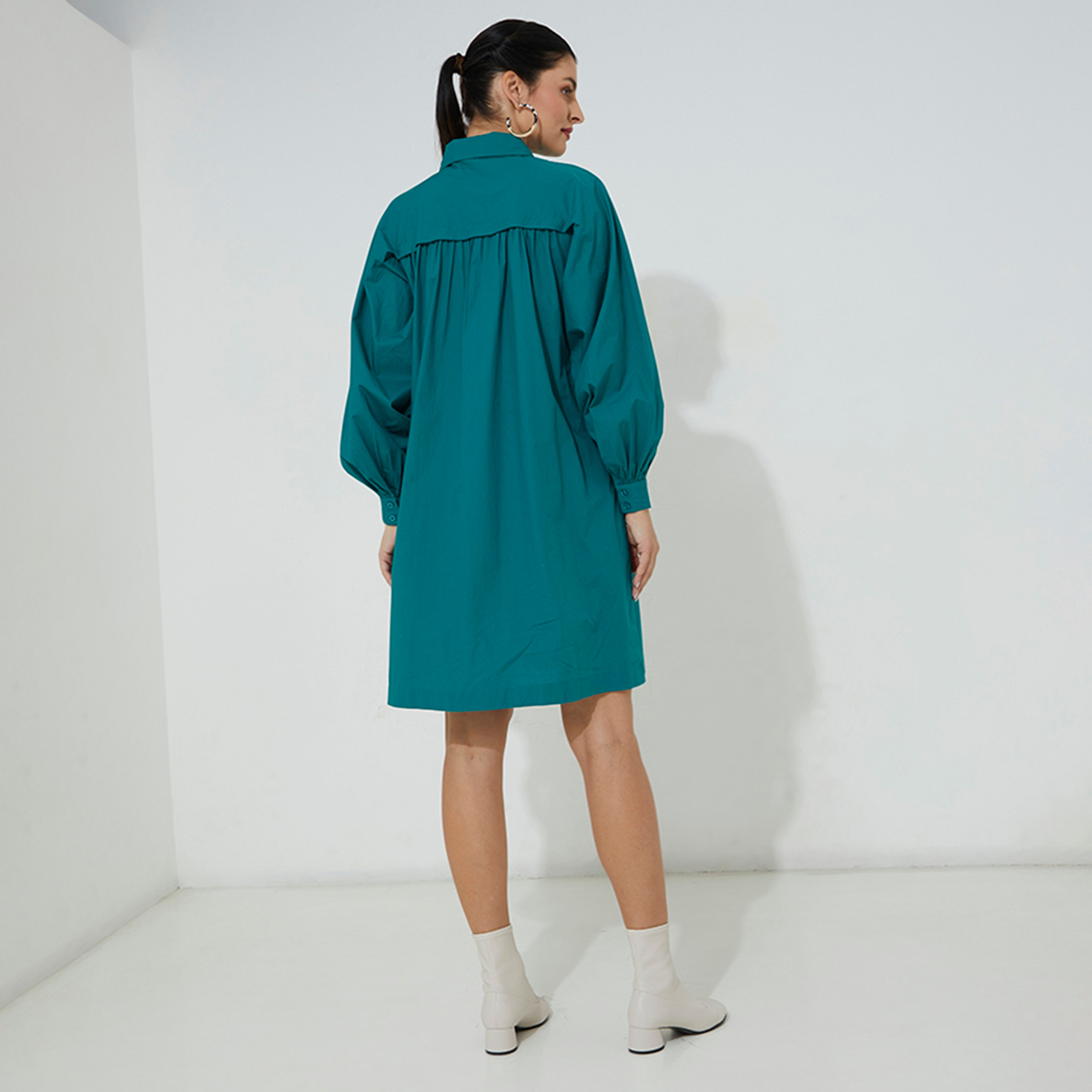 فستان قميص نسائي ميني من ايروبوستال بأكمام منفوخة وياقة مطوية باللون الخردلي-women-clothing-dresses-image-8