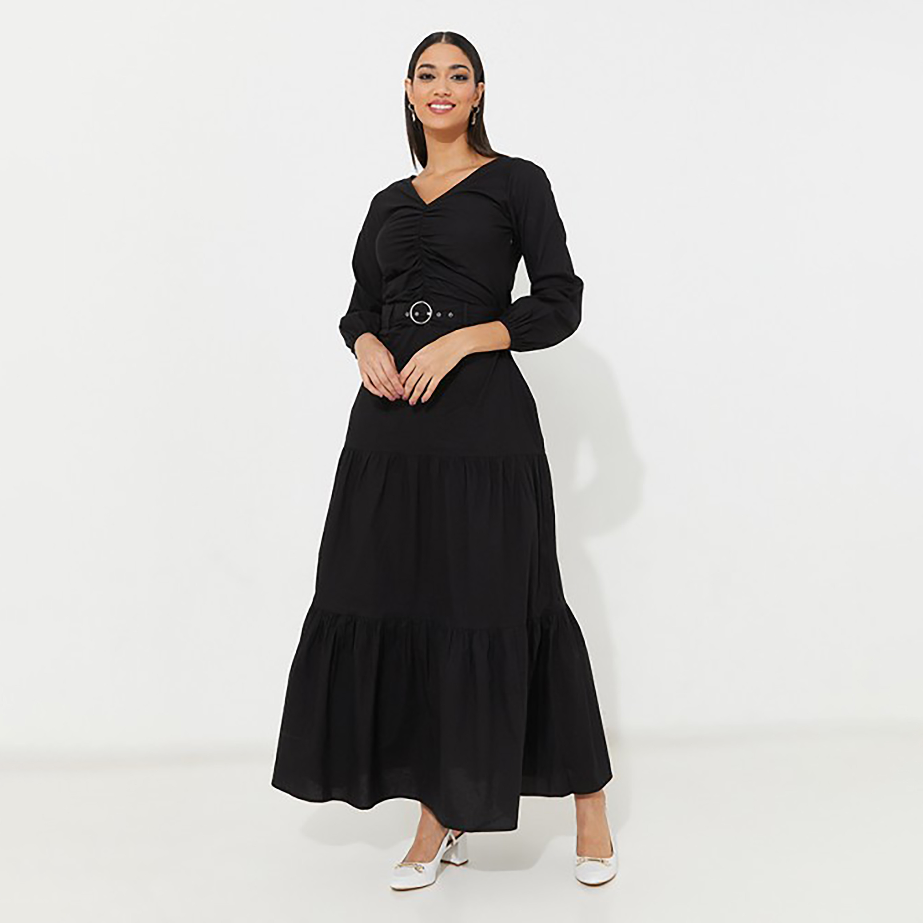 فستان ماكسي بطبقات وحزام ورقبة على شكل فى سادة من إيروبوستال-women-clothing-dresses-image-1
