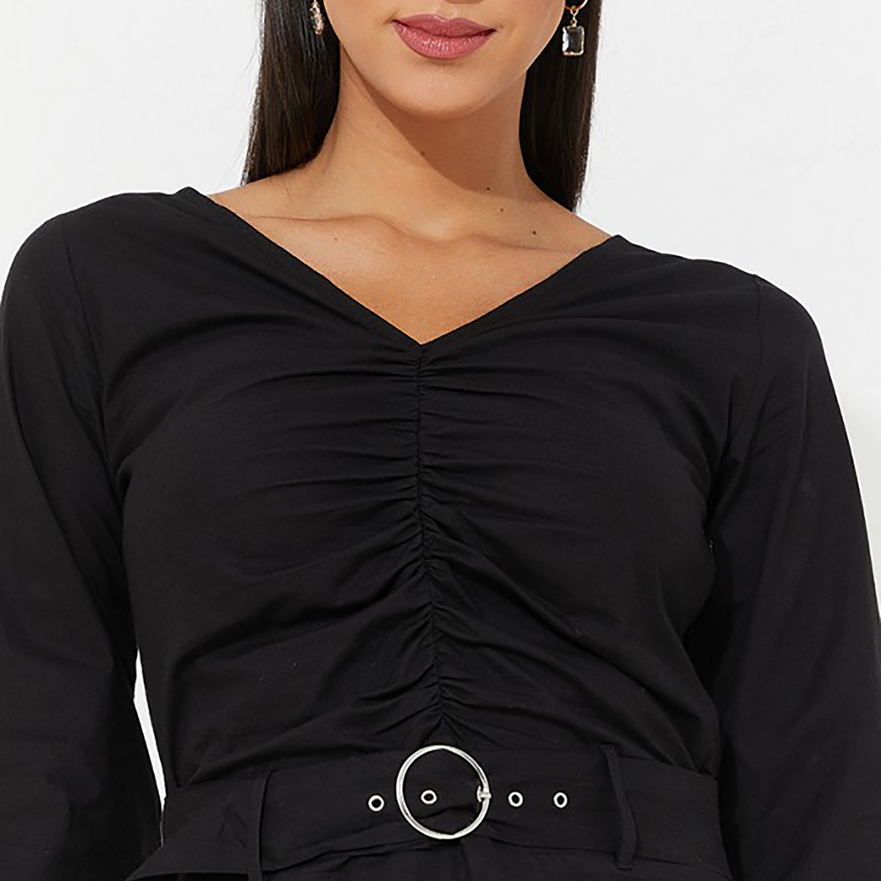 فستان ماكسي بطبقات وحزام ورقبة على شكل فى سادة من إيروبوستال-women-clothing-dresses-image-3