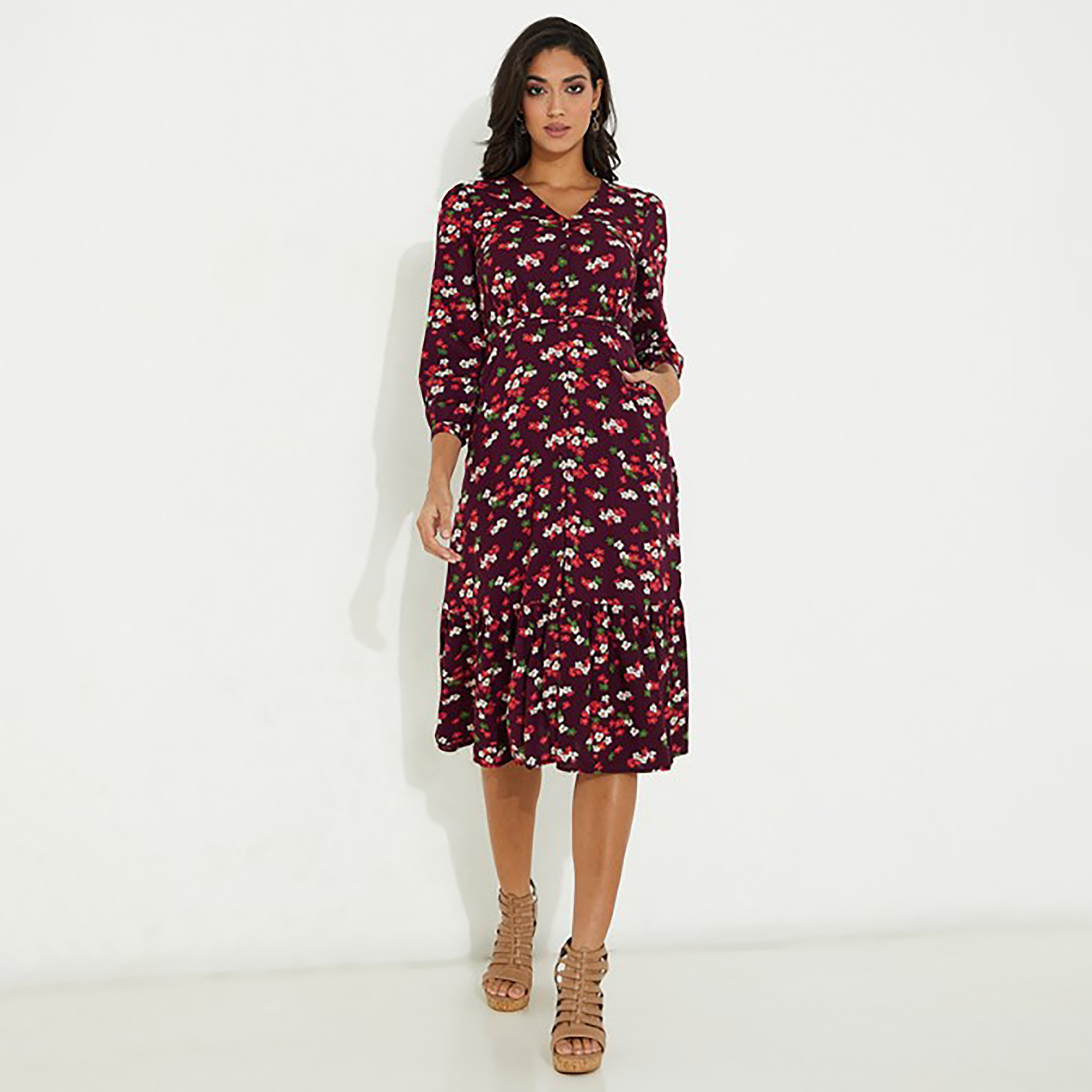 فستان ميدي برقبة على شكل وي من الأزهار من ايروبوستال-women-clothing-dresses-image-1