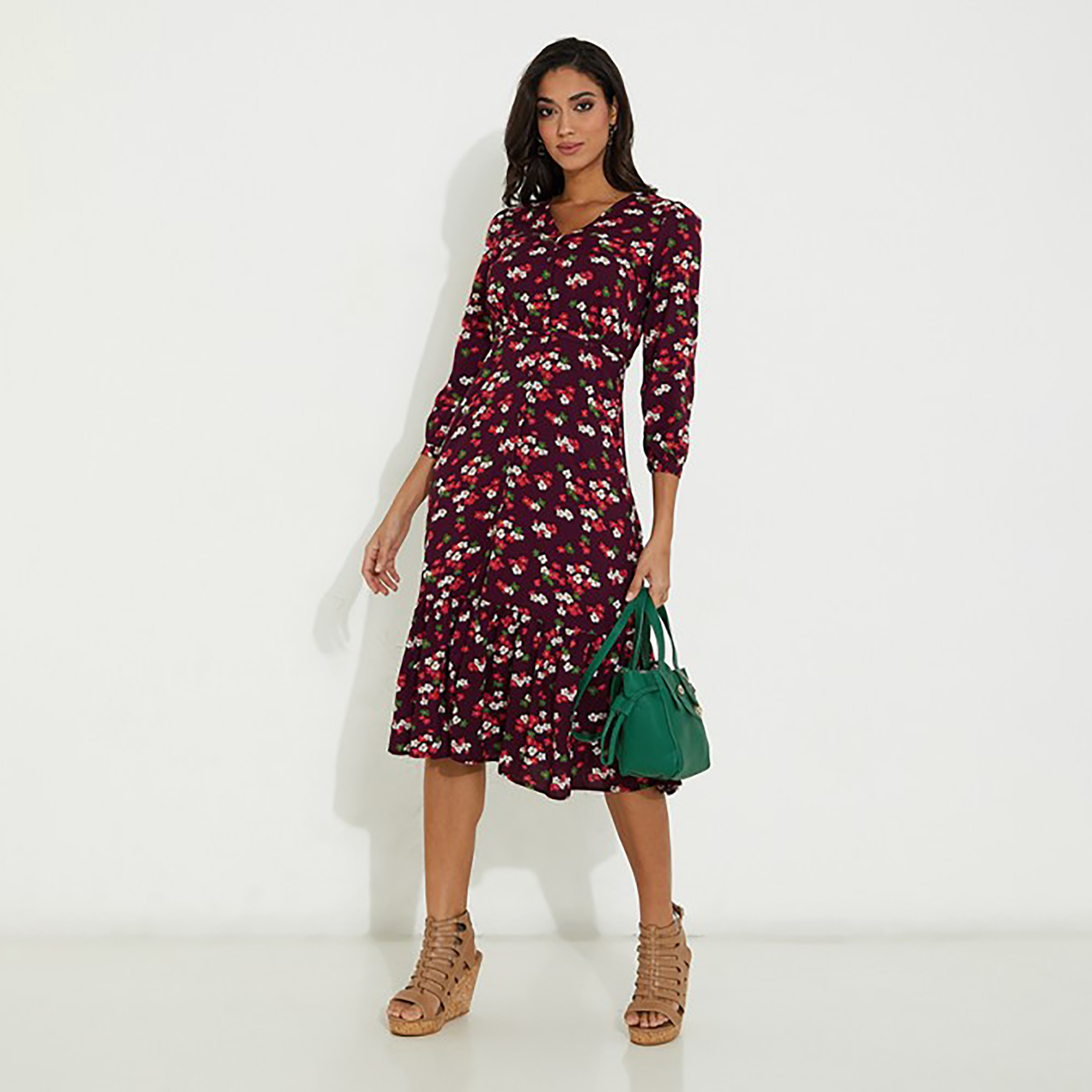 فستان ميدي برقبة على شكل وي من الأزهار من ايروبوستال-women-clothing-dresses-image-2