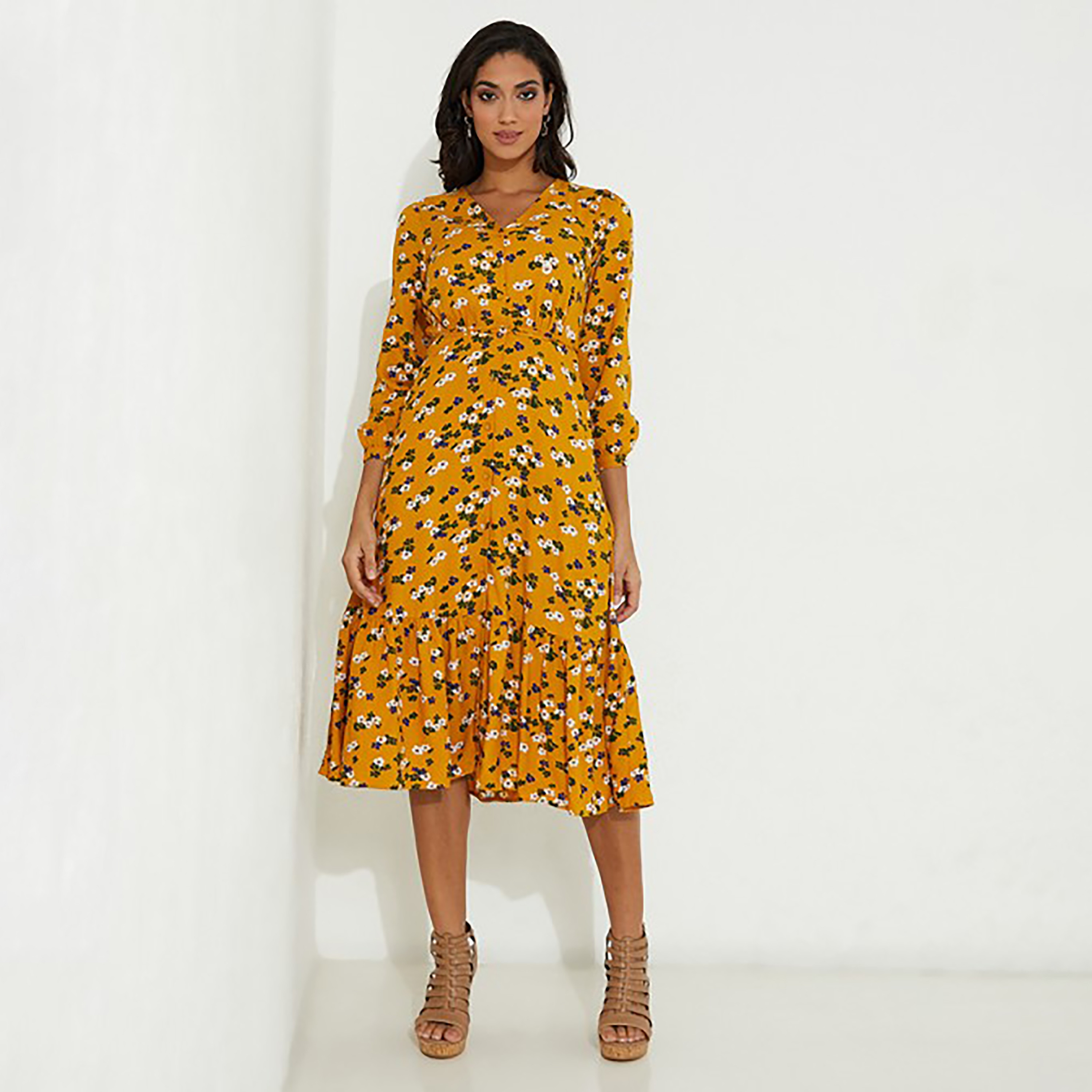 فستان ميدي برقبة على شكل وي من الأزهار من ايروبوستال-women-clothing-dresses-image-1
