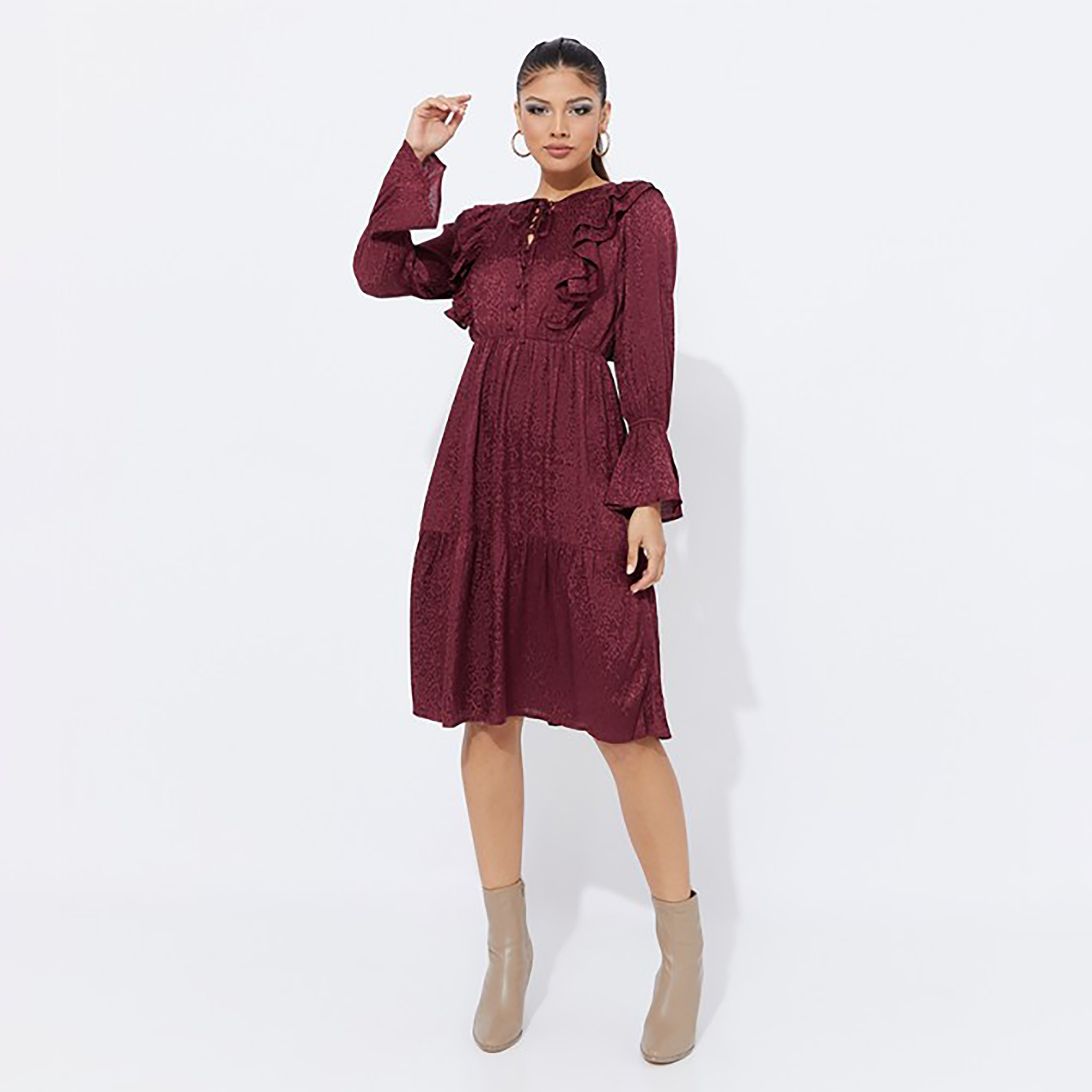 Aeropostale Ruffle Tie Neck Jacquard Tiered Knee Dress-women-clothing-dresses-image-1