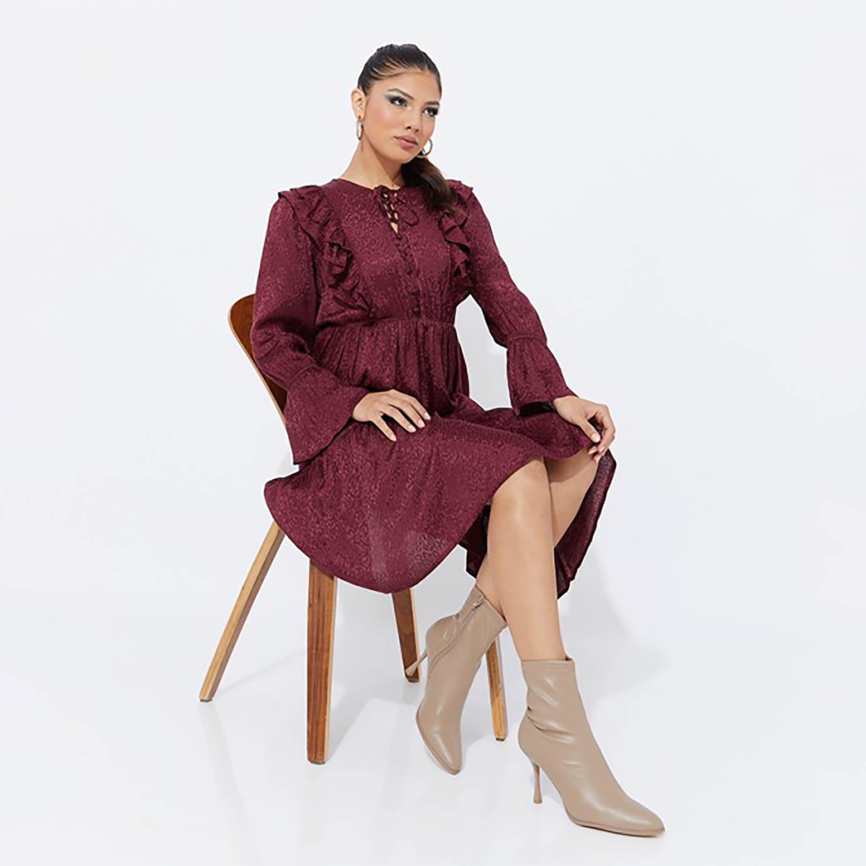 Aeropostale Ruffle Tie Neck Jacquard Tiered Knee Dress-women-clothing-dresses-image-2