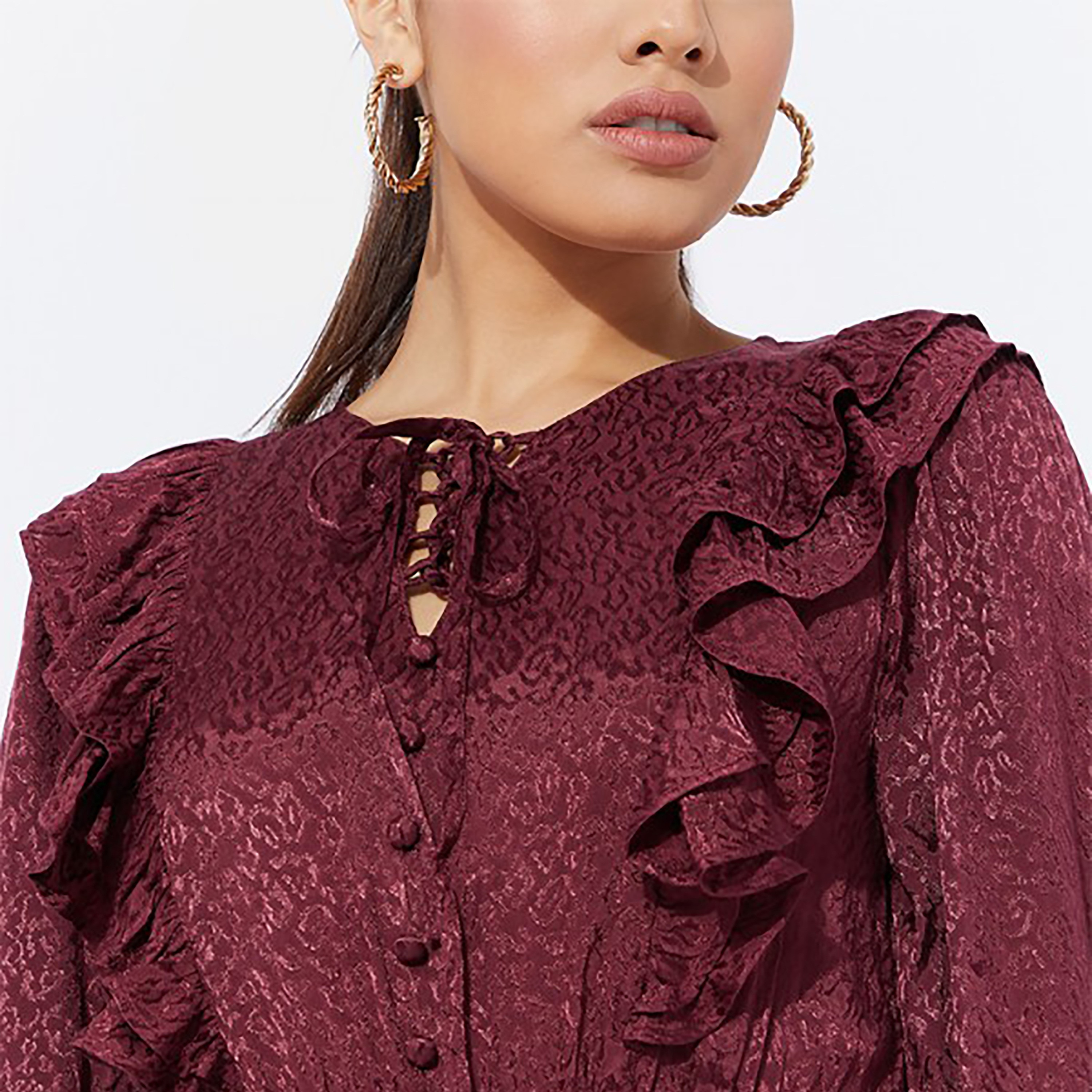 Aeropostale Ruffle Tie Neck Jacquard Tiered Knee Dress-women-clothing-dresses-image-3