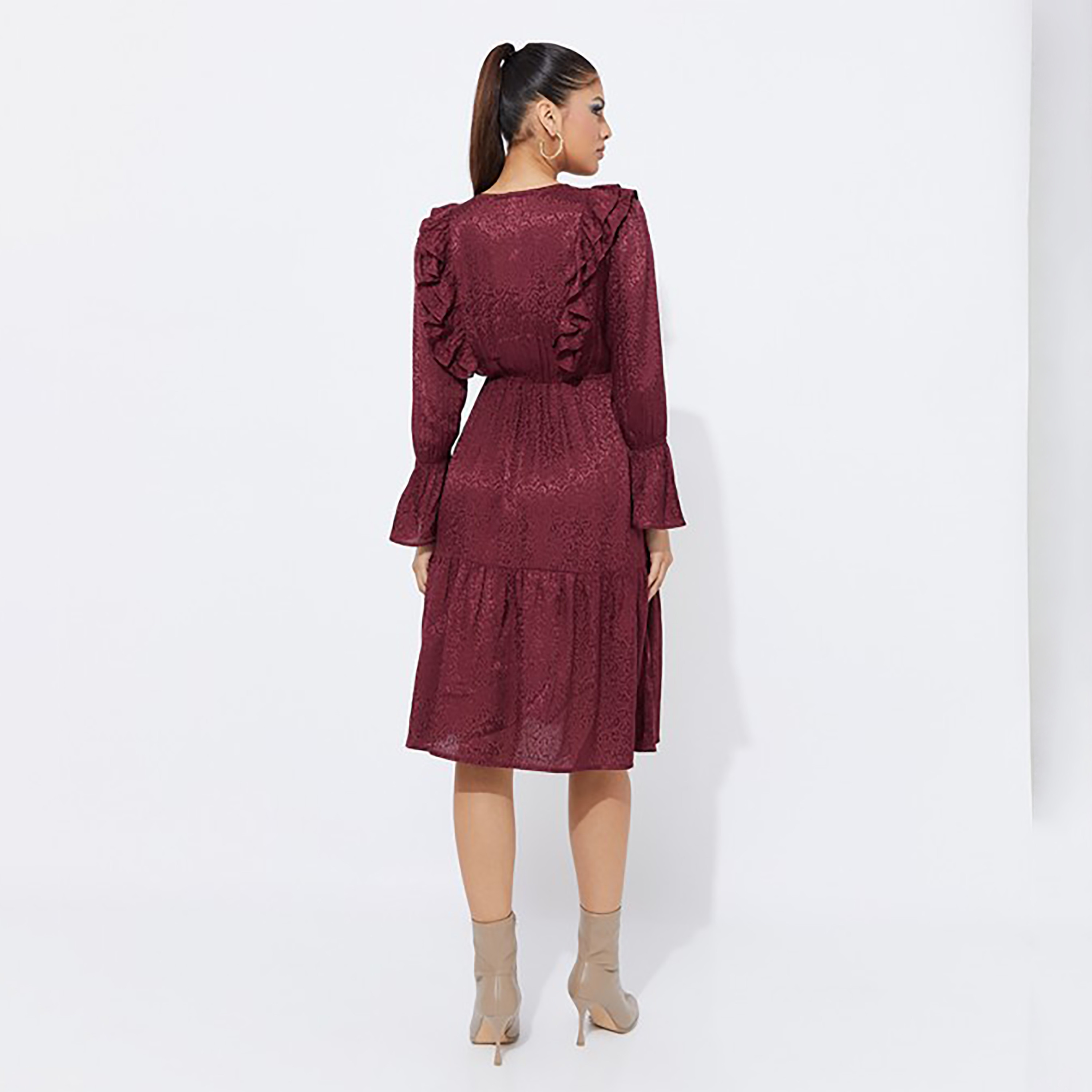 Aeropostale Ruffle Tie Neck Jacquard Tiered Knee Dress-women-clothing-dresses-image-4