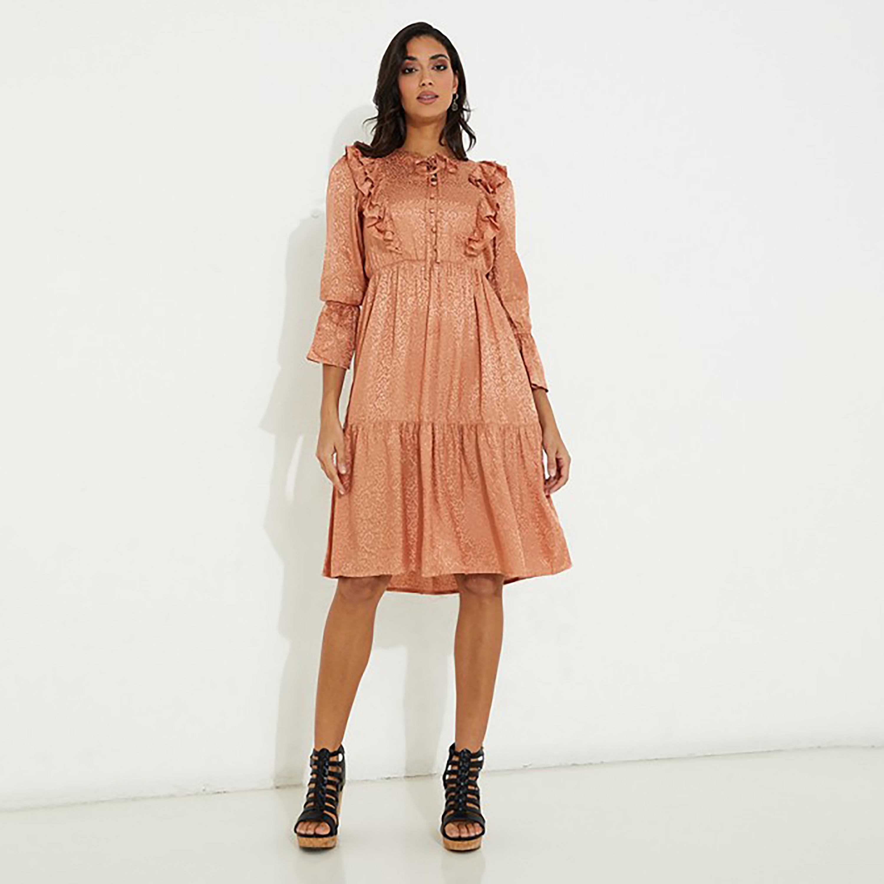 Aeropostale Ruffle Tie Neck Jacquard Tiered Knee Dress-women-clothing-dresses-image-5
