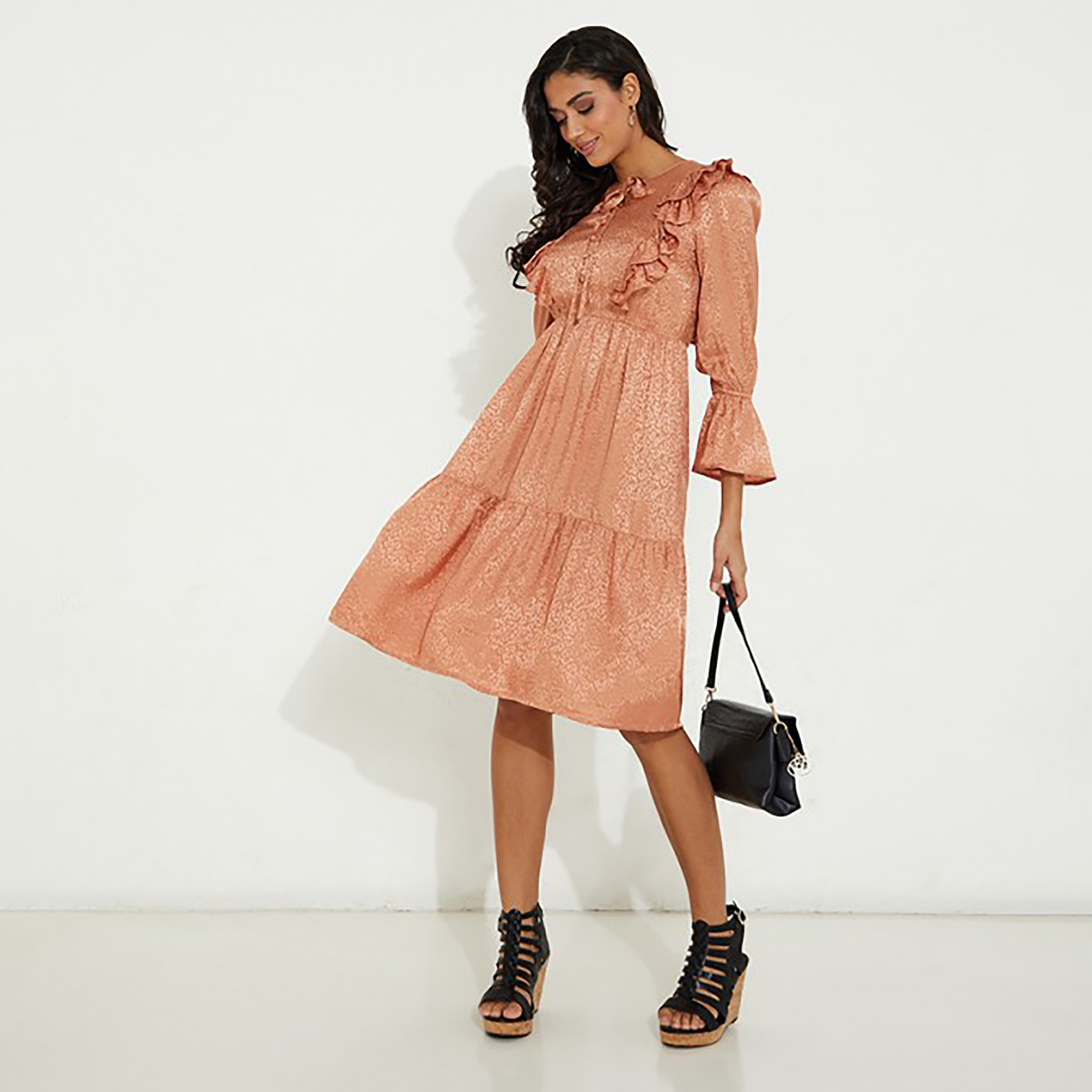 Aeropostale Ruffle Tie Neck Jacquard Tiered Knee Dress-women-clothing-dresses-image-2