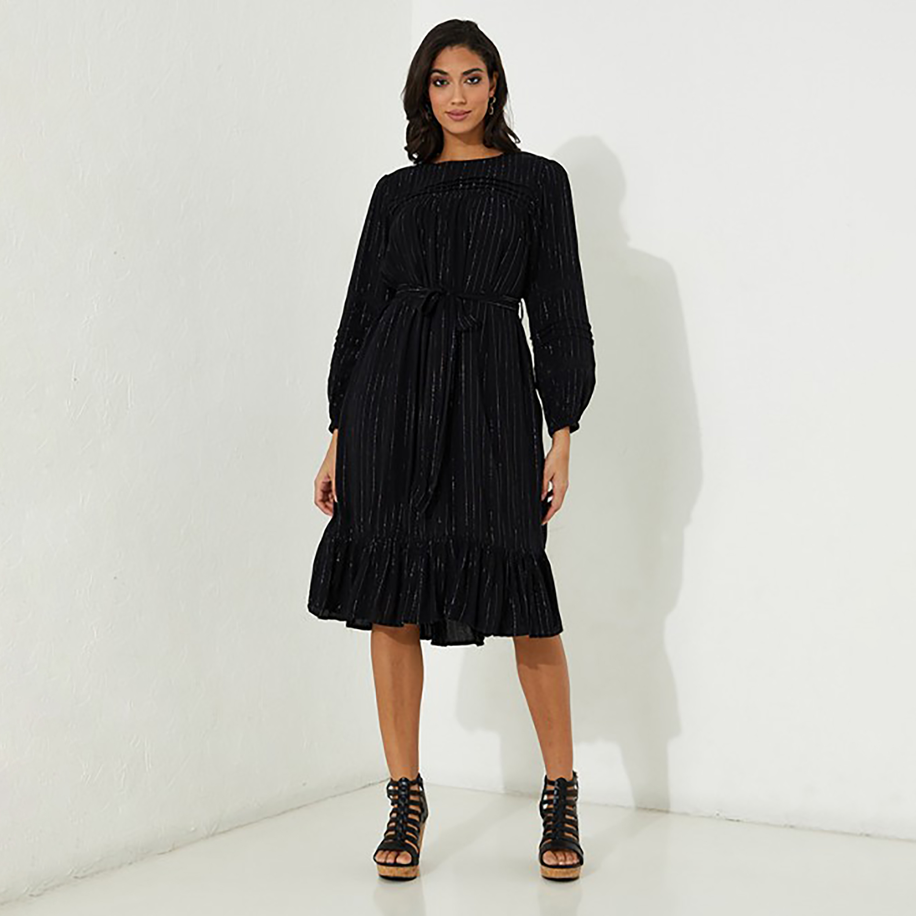 Aeropostale Stripes Round Neck Pleated Knee Dress-women-clothing-dresses-image-1