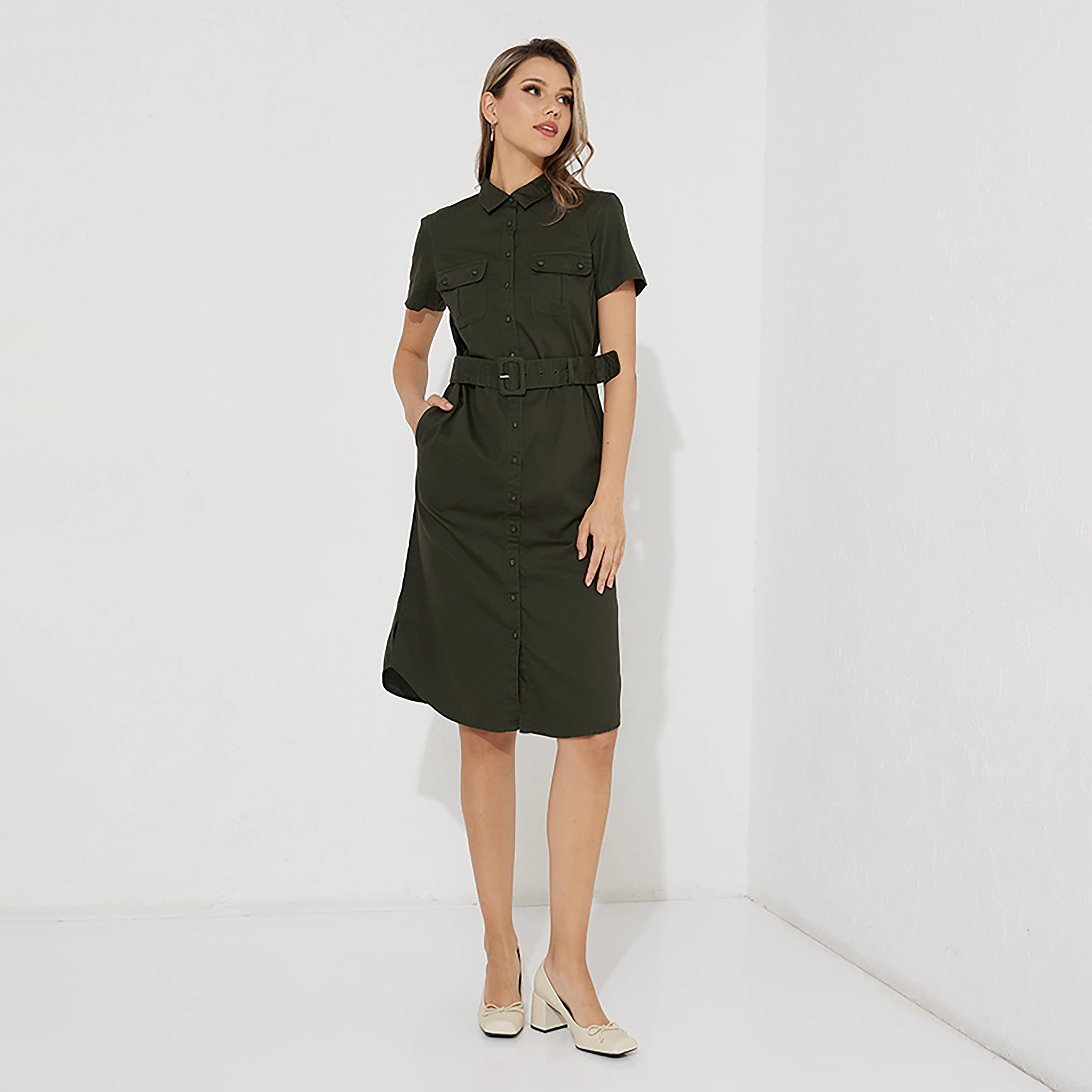 Aeropostale Plain Collared Belted Shirt Knee Dress-women-clothing-dresses-image-1