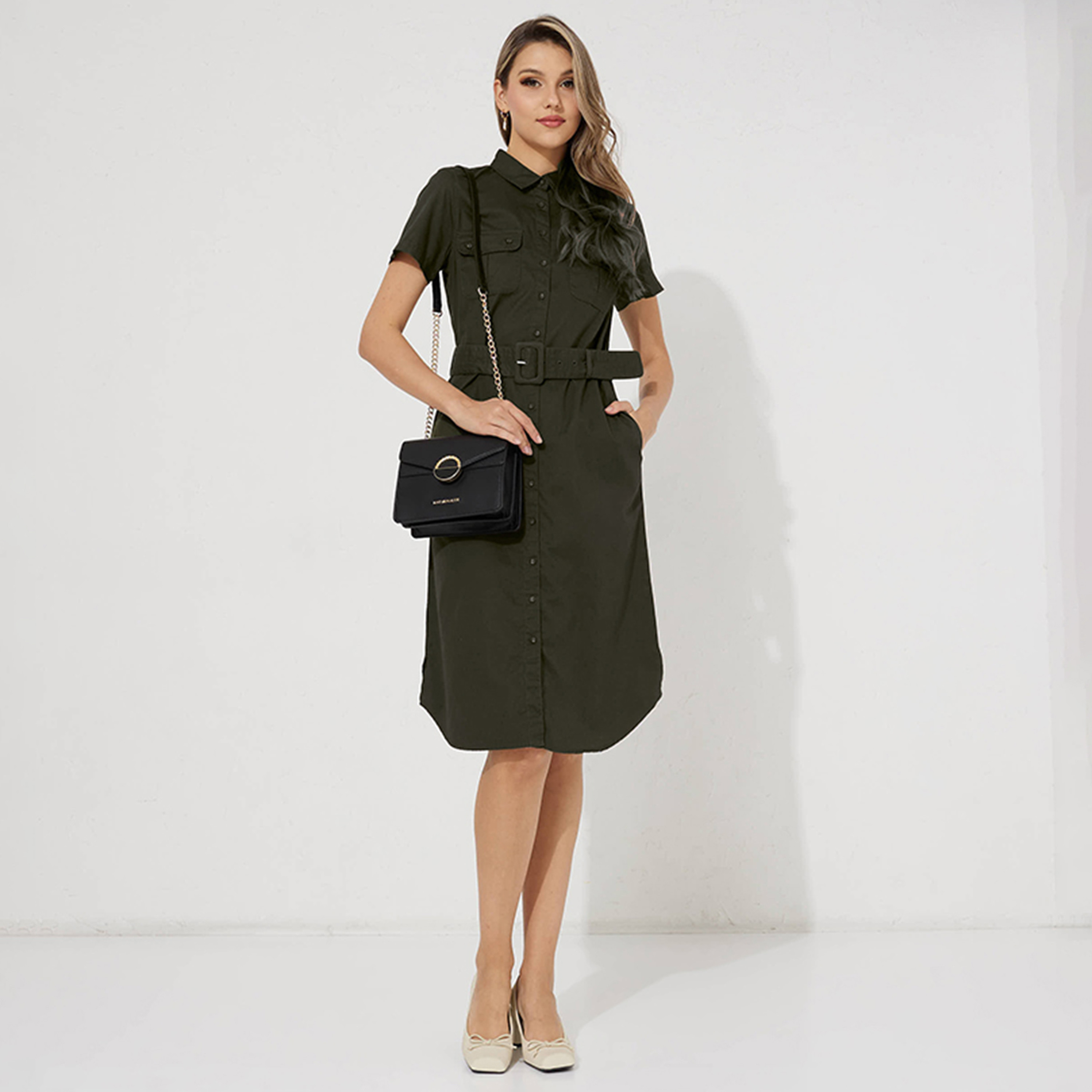 فستان قميص حتى الركبة بحزام وياقة سادة من إيروبوستال-women-clothing-dresses-image-2